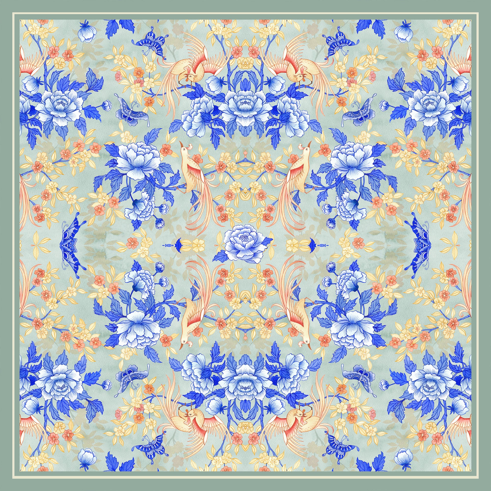 Orange butterflies and blue flowers design on a grey background.