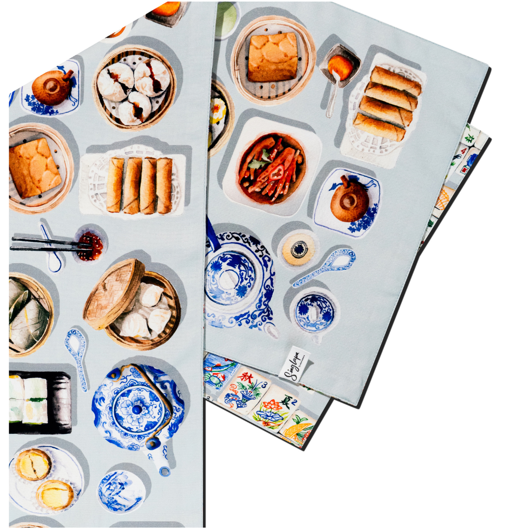 Singlapa double sided table runner with chinese dimsum and mahjong design double sided.