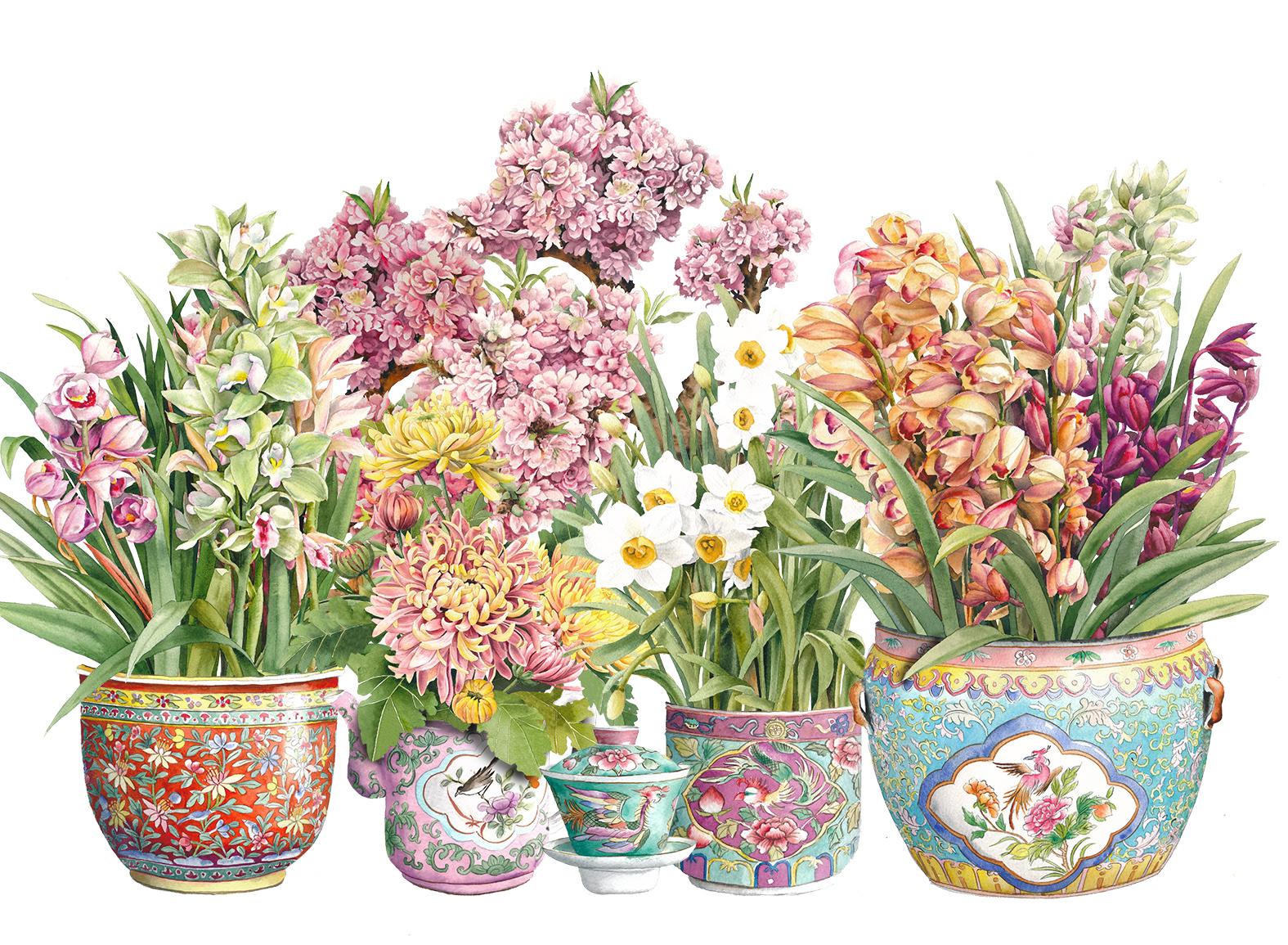 Image of cymbidium print with peranakan porcelain and kamchengs.