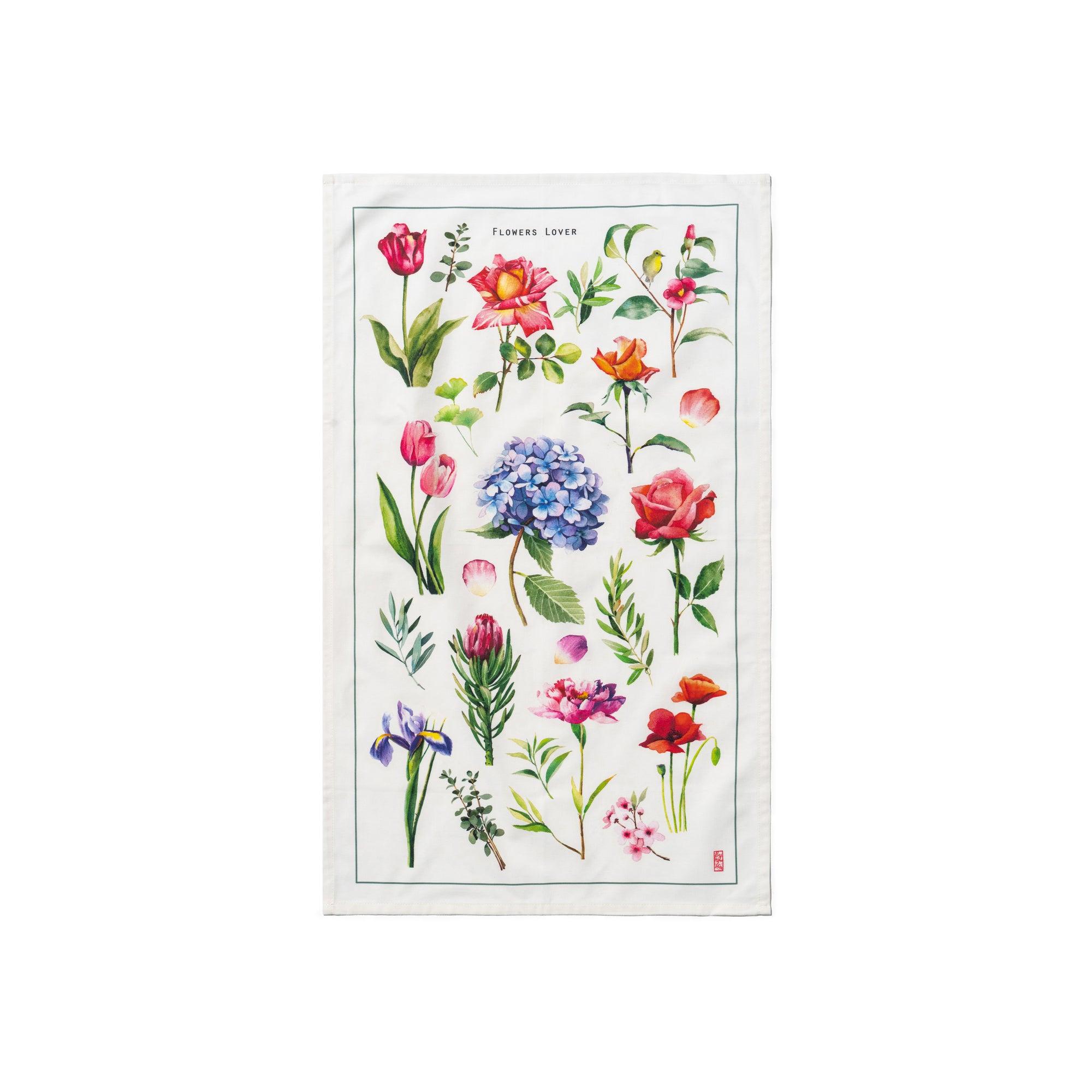 Singlapa Kitchen towel with flowers around on a white background