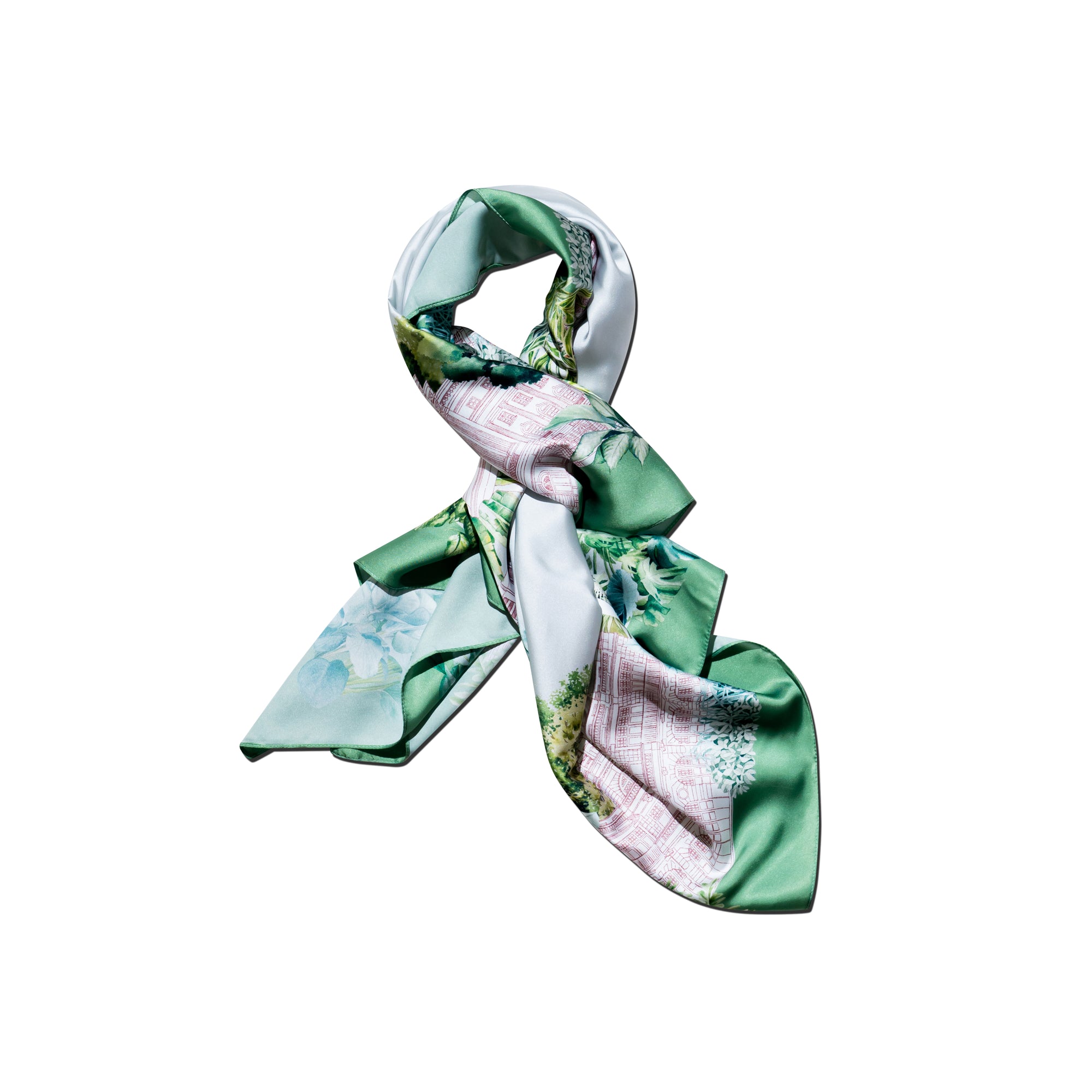 Singlapa Green and white scarf with trees and building patterns.