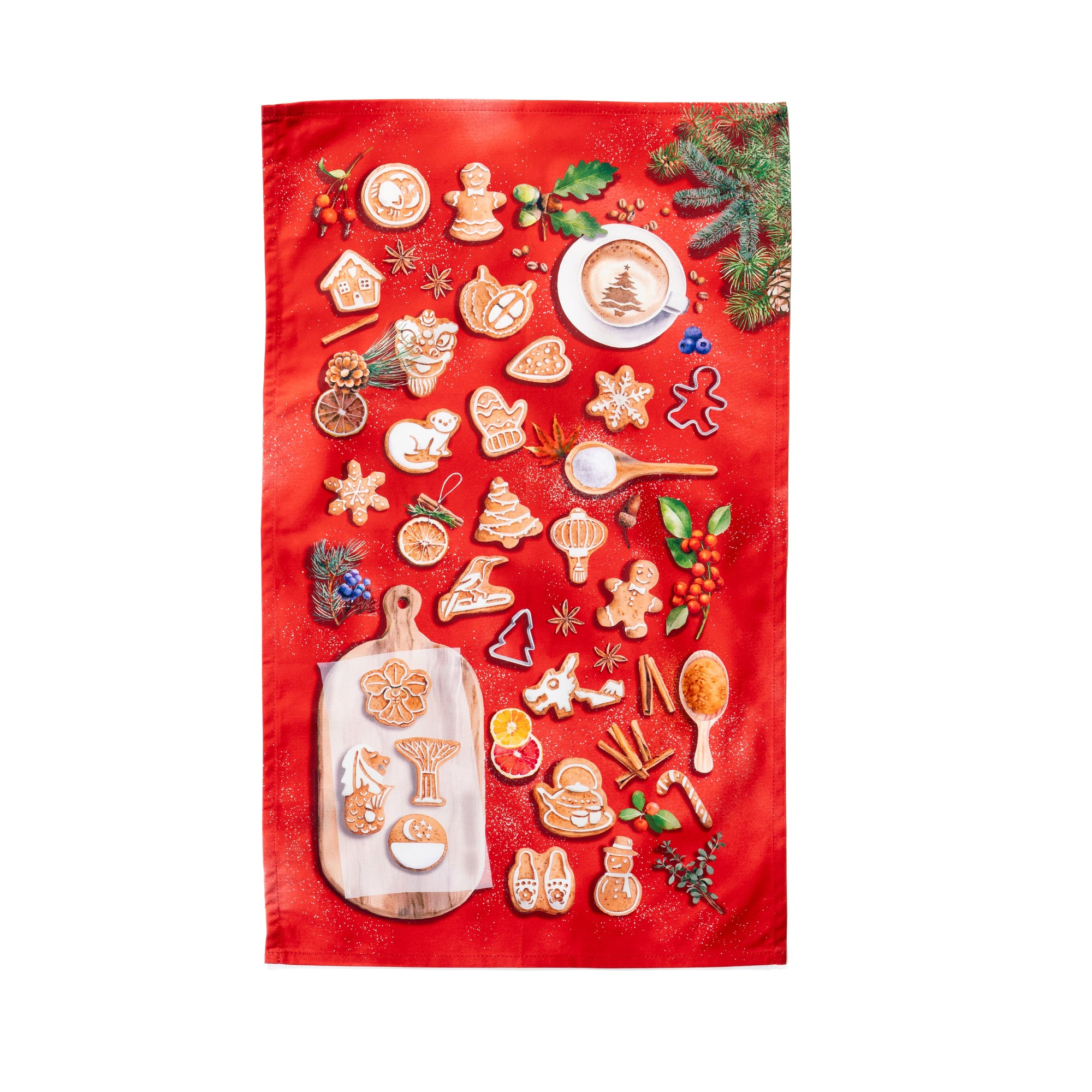 Singlapa red tea towel with a whimsical gingerbread man design, featuring various festive cookies and Singapore icons.