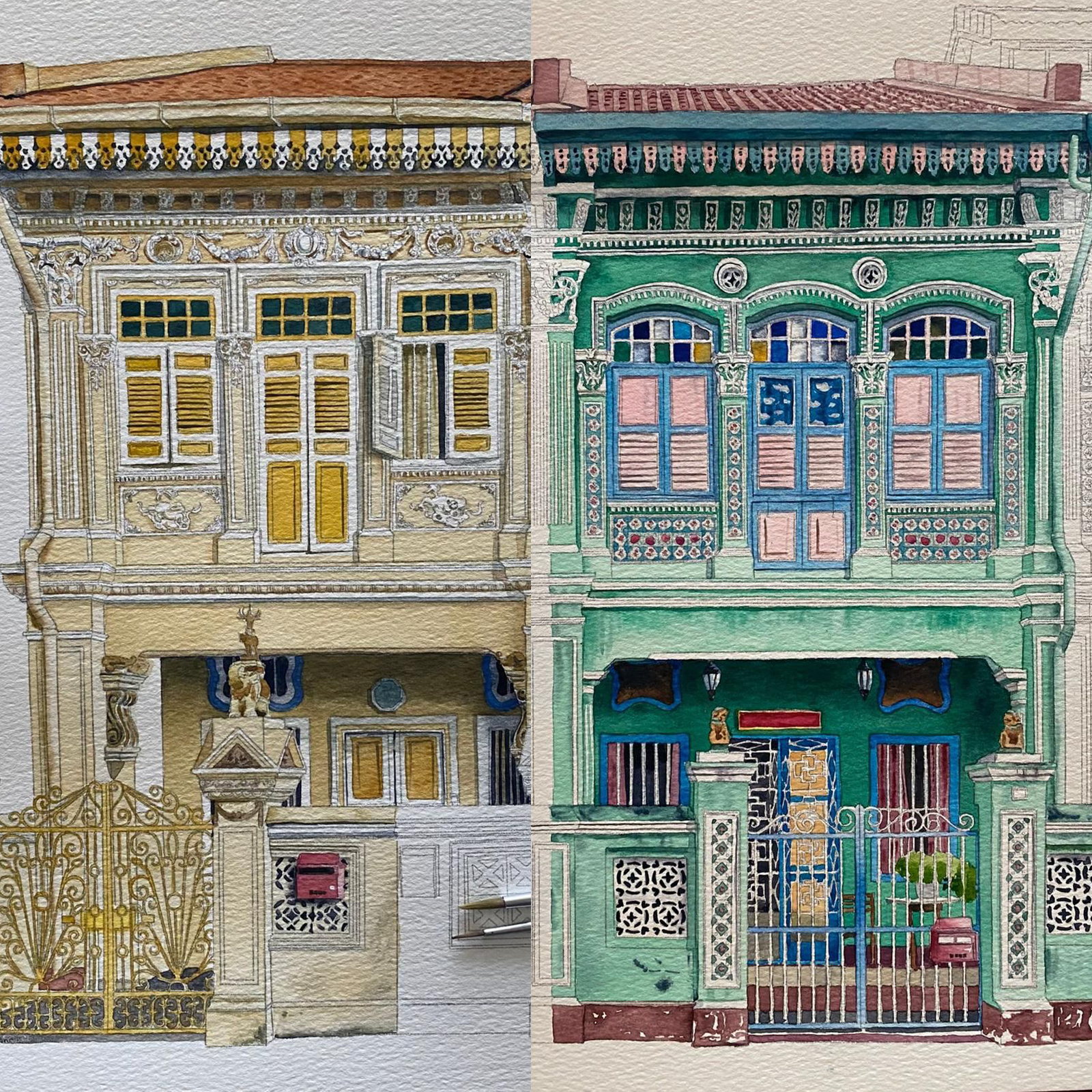 Artistic watercolor of heritage shophouses with vibrant facades and traditional architectural elements