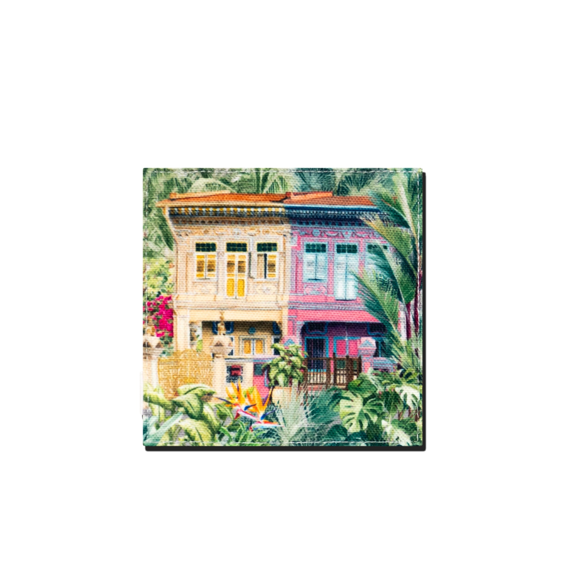 Colorful building with tropical plants on a white background