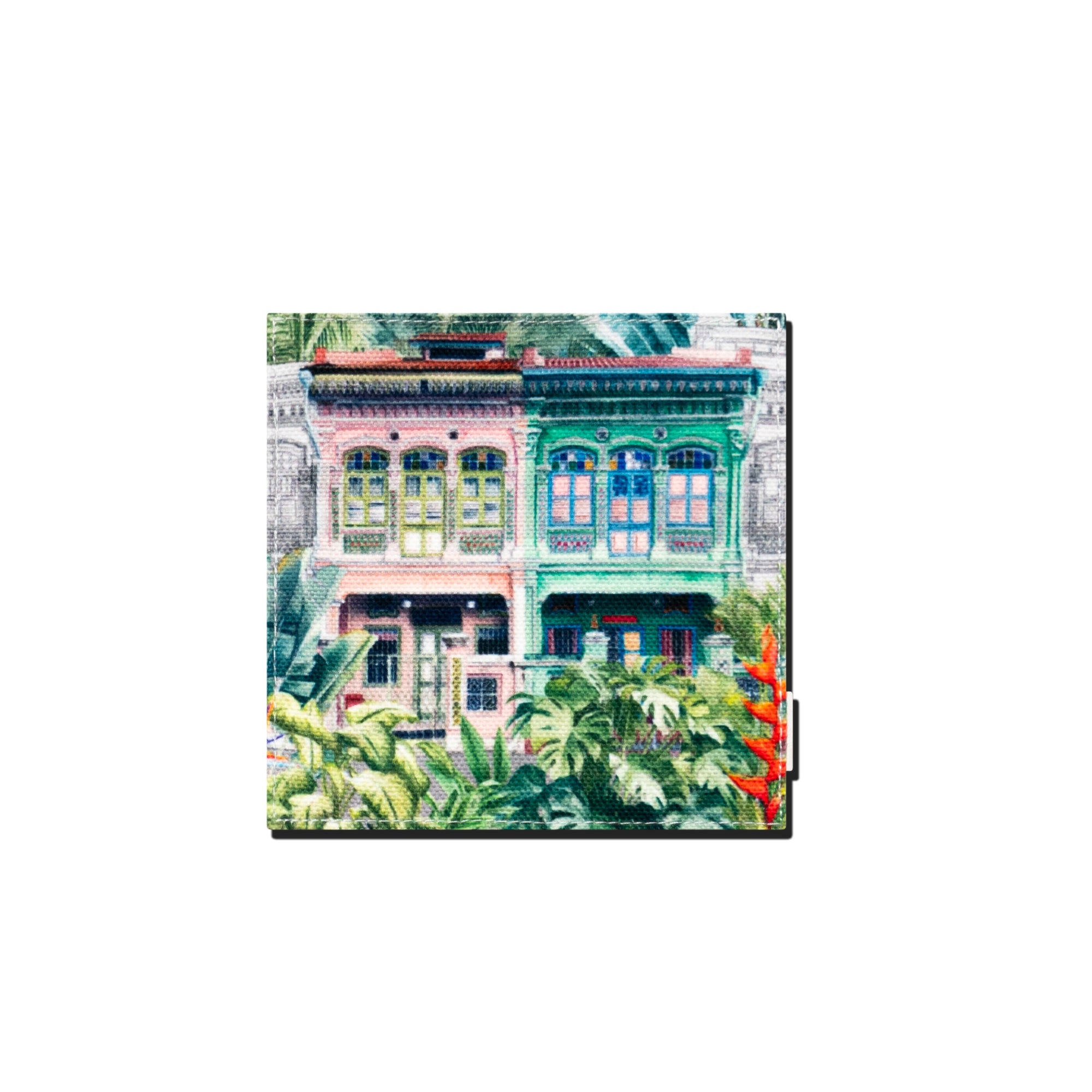 Colorful building with tropical plants on a white background