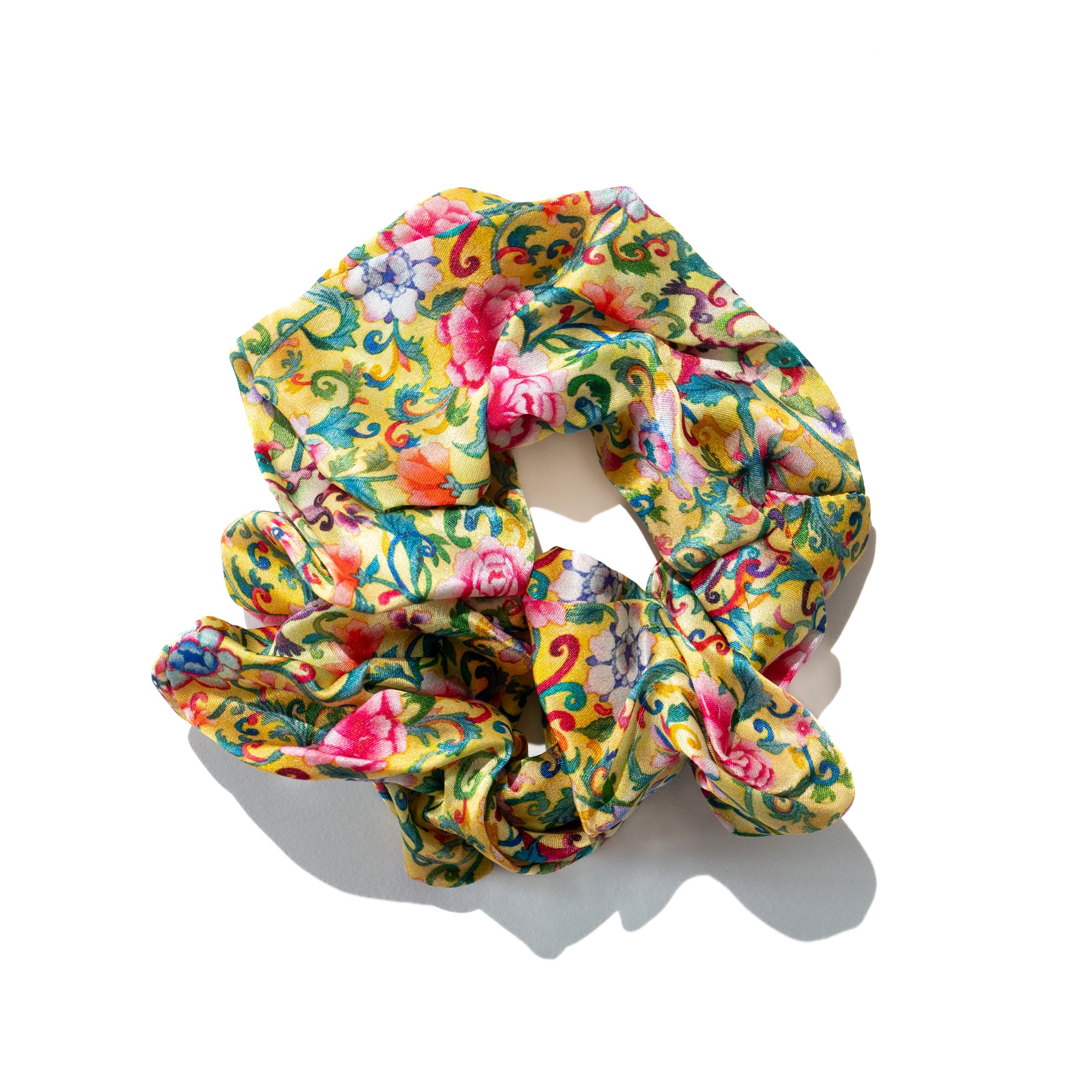 Singlapa yellow silk scrunchie with multicoloured floral prints
