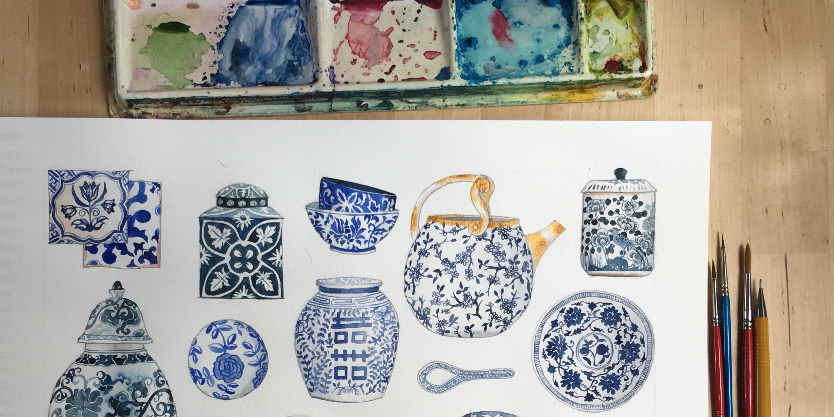 Singlapa watercolor art print of blue porcelain antiques