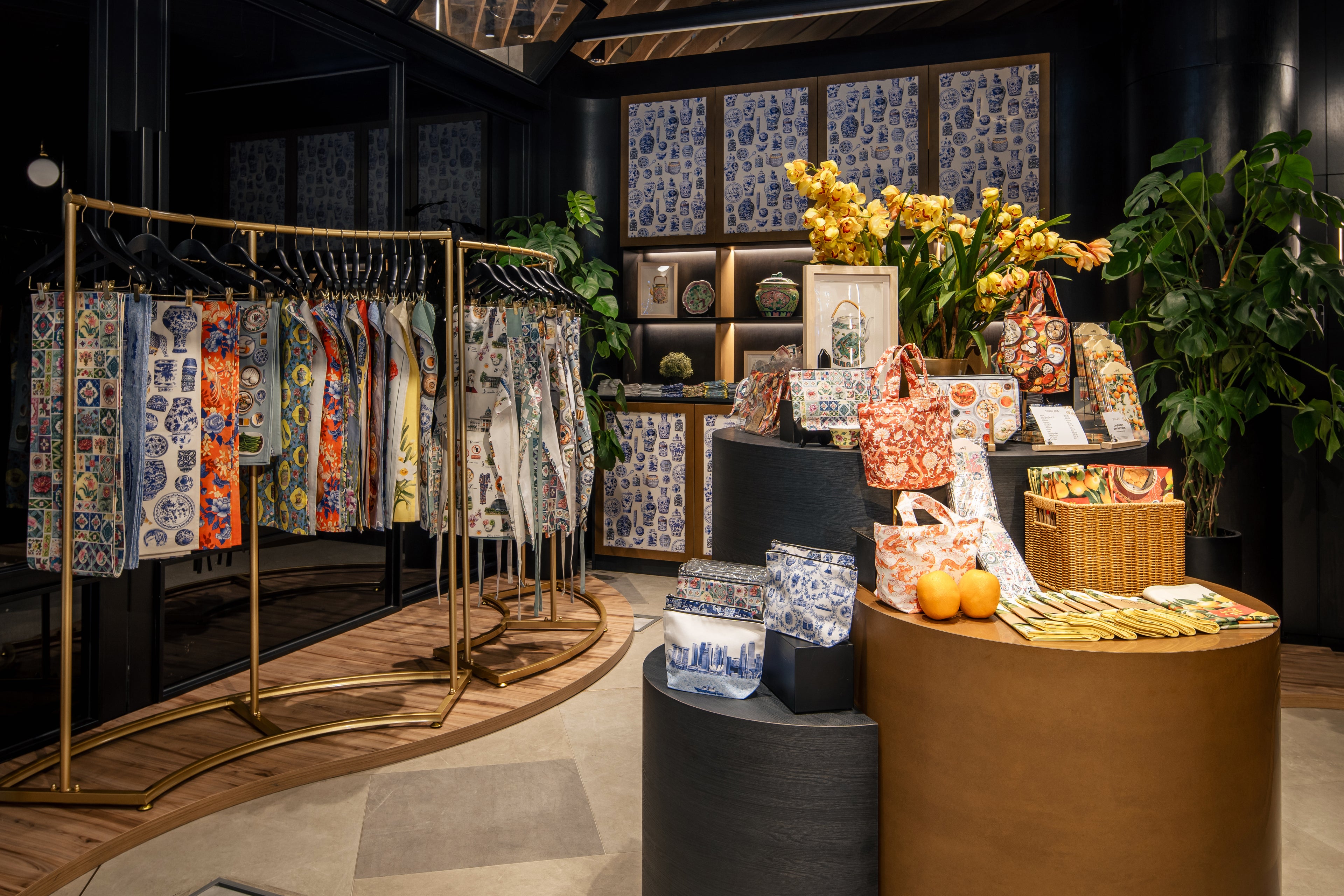 Singlapa Singapore storefront with silk accessories and handmade prints on display