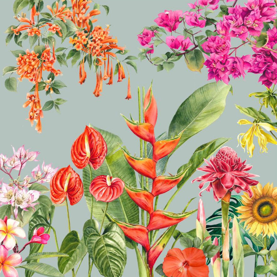 Pink, orange and yellow tropical flowers on a grey background