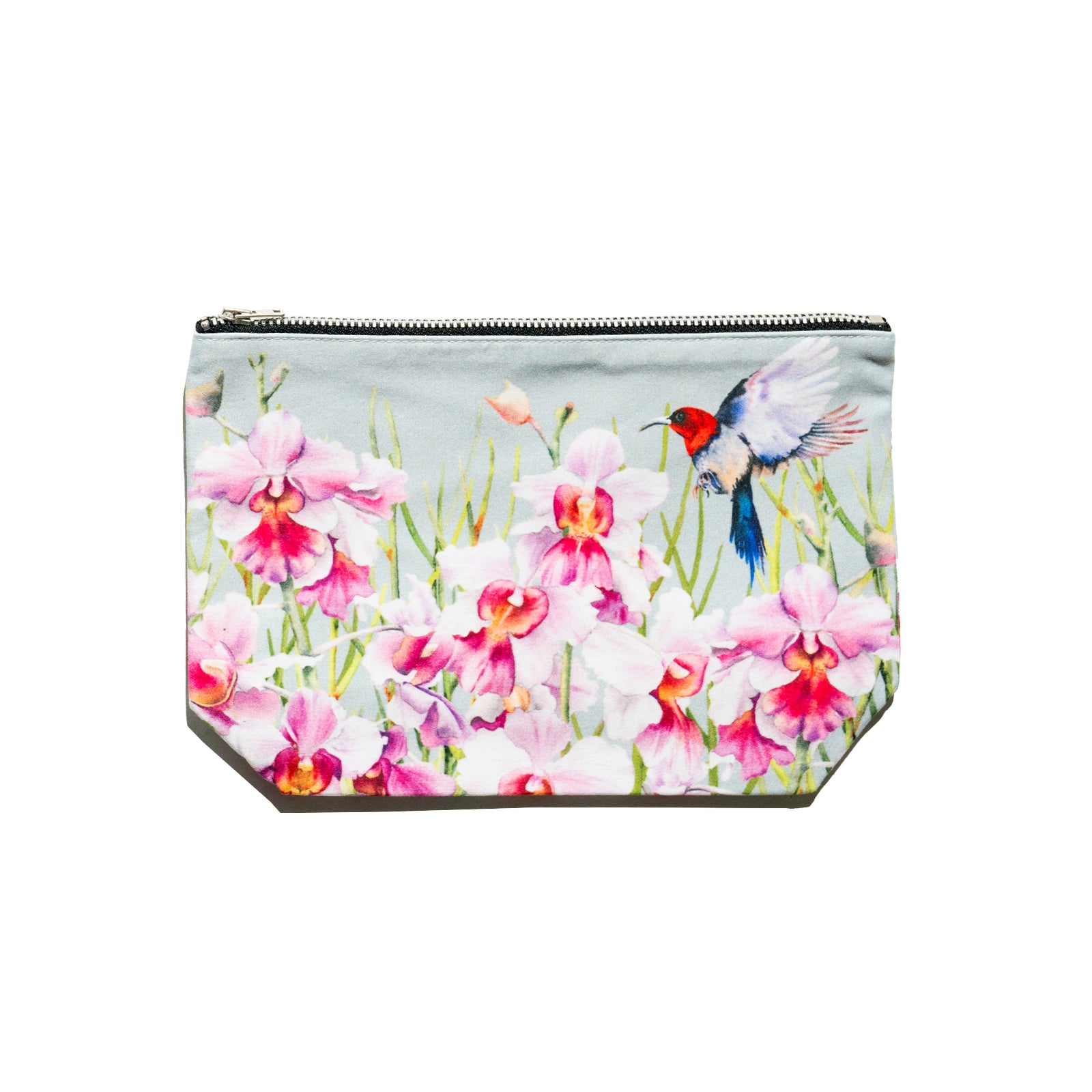 Singlapa pouch with a floral pattern featuring pink orchids and a bird.
