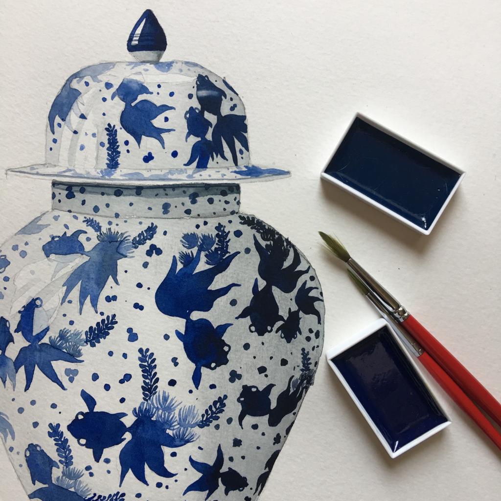 Chinese Porcelain on Shelves Tea Towel