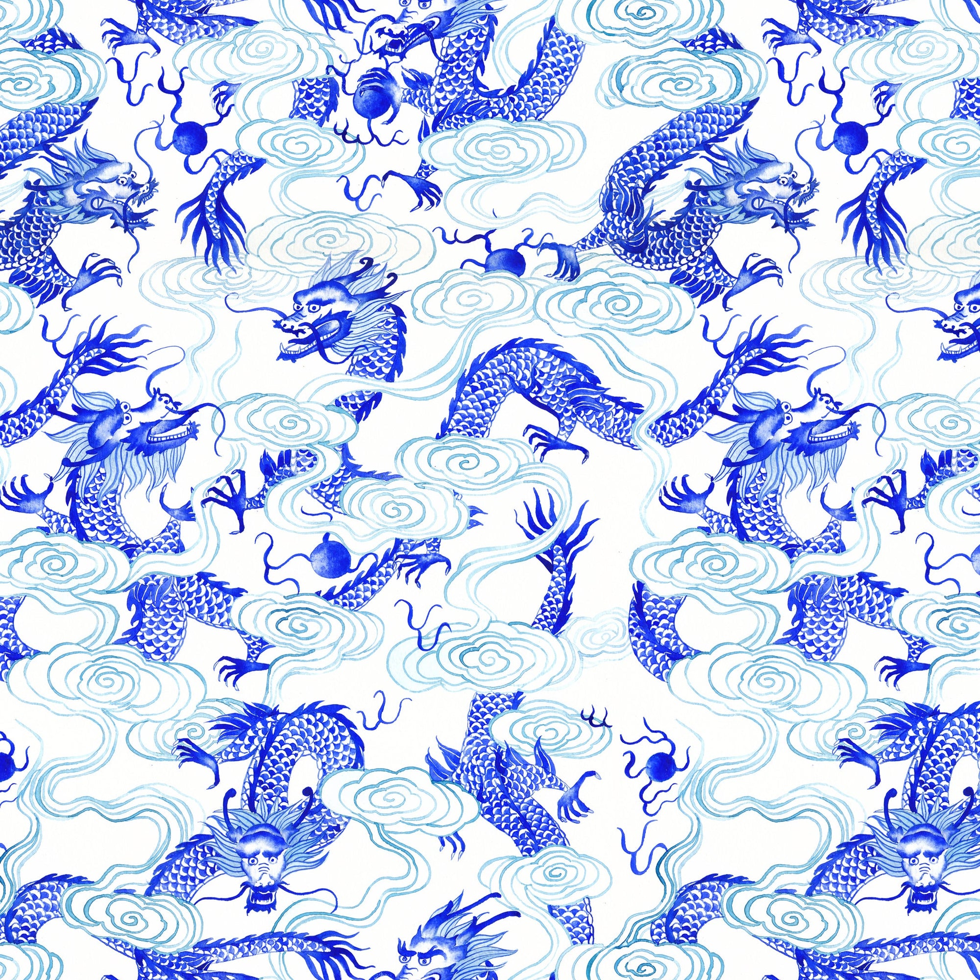 Blue dragons with clouds on a white background