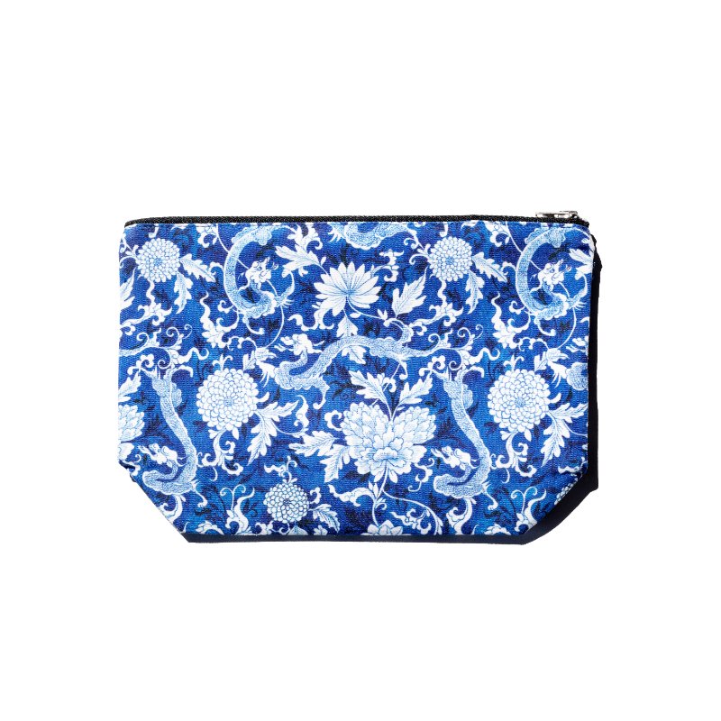 Singlapa blue zipped pouch with white dragon and flower design