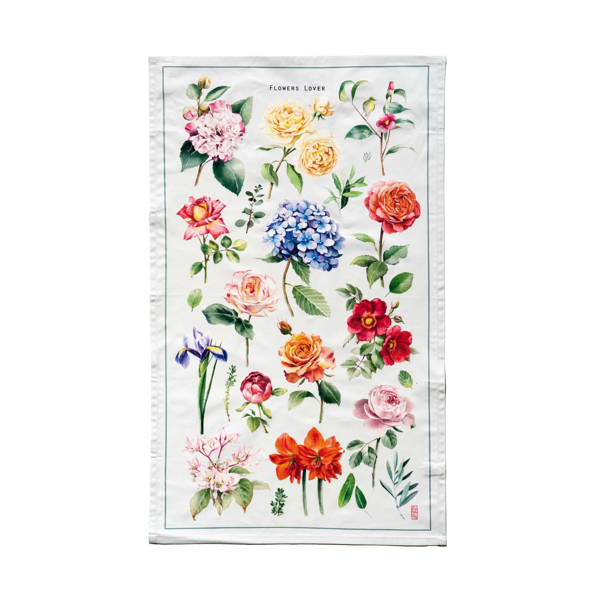 Singlapa kitchen towel featuring a vibrant floral pattern with various flowers such as roses and hydrangeas.