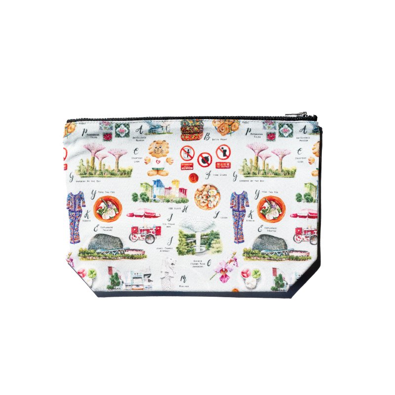 Singlapa multicolored pouch with a printed pattern featuring various Singapore-related icons and landmarks.