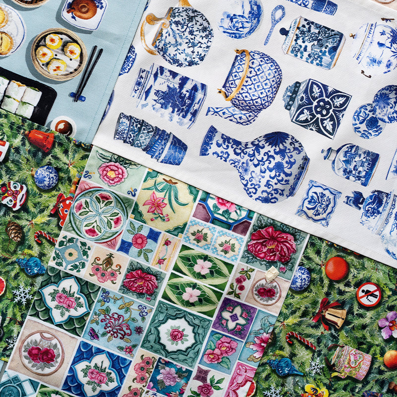 Elegant textile table runners folded together showcasing patterns and textures