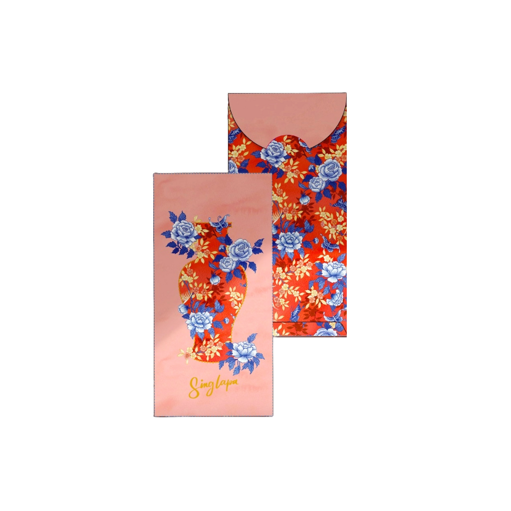Birds and butterfly ang bao packet in soft pink, featuring hand-painted Chinese botanical designs by Singlapa