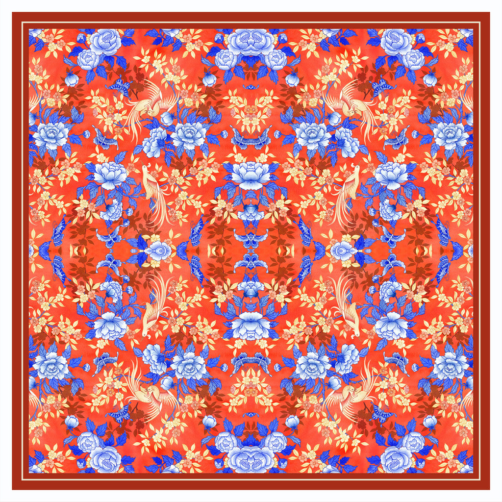 Singlapa silk scarf with floral and butterfly pattern on a red background