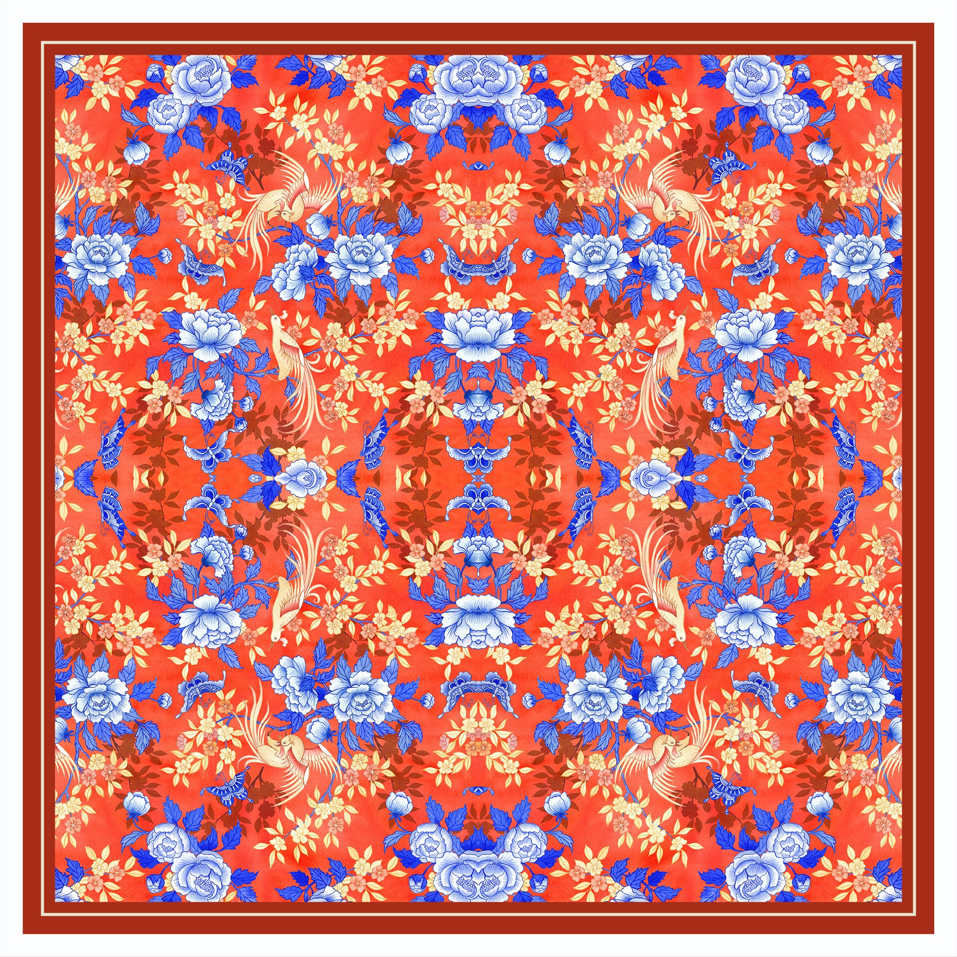 Singlapa silk scarf with floral and butterfly pattern on a red background