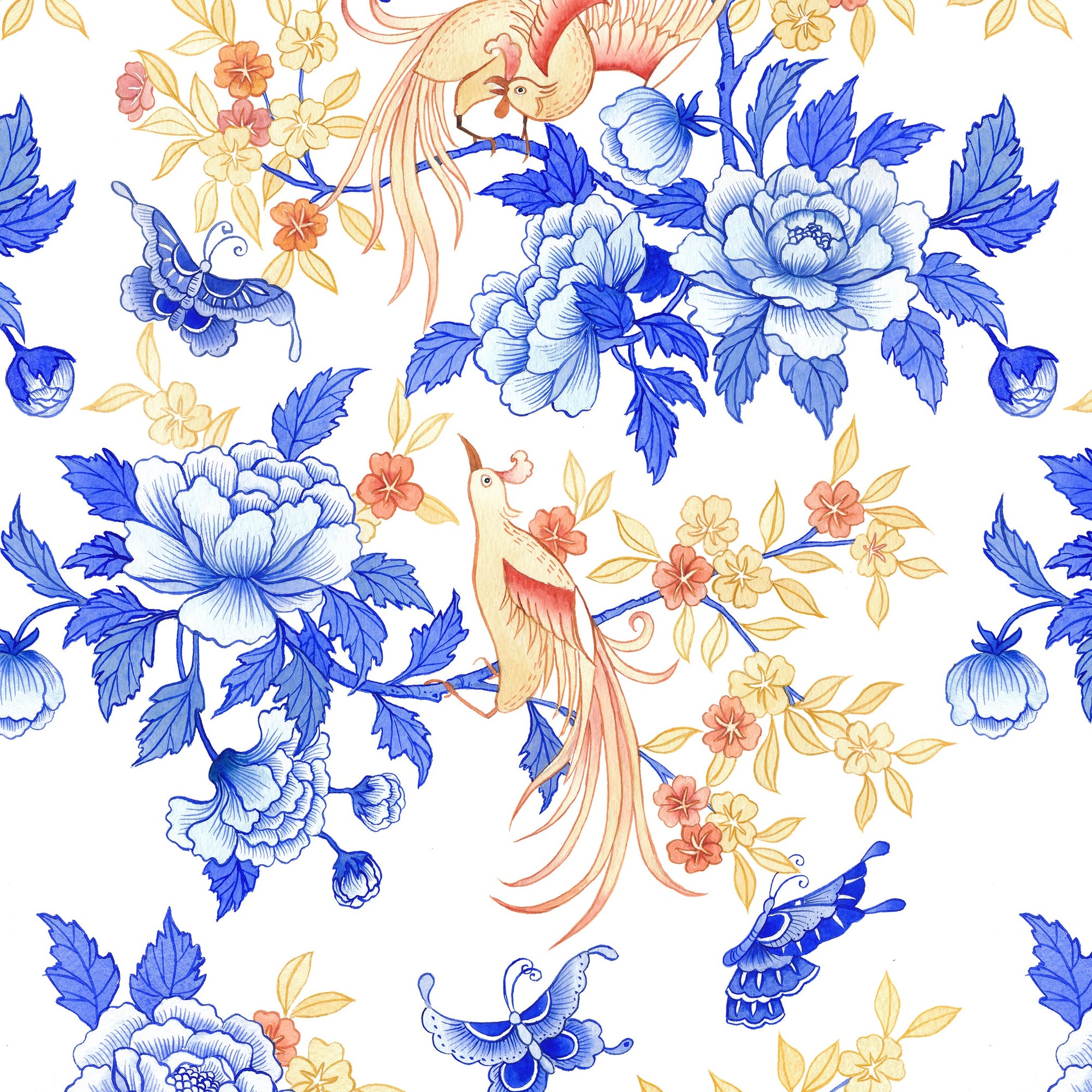 Blue flowers with golden butterflies on a white background