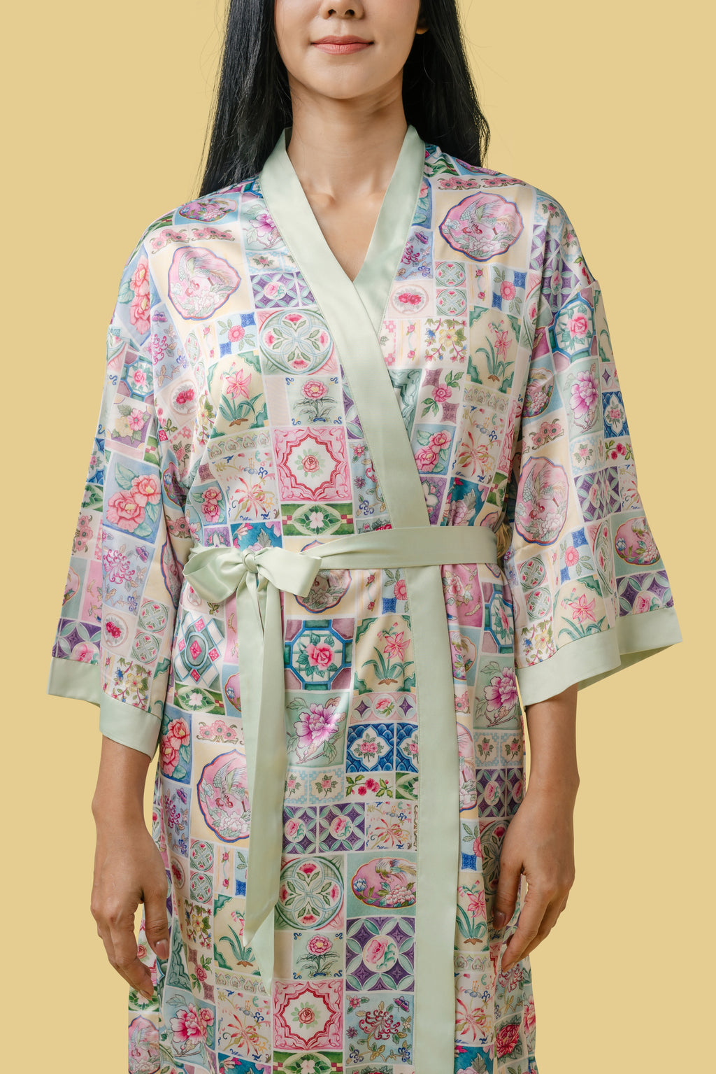 Closeup of the front of a floral silky kimono robe.