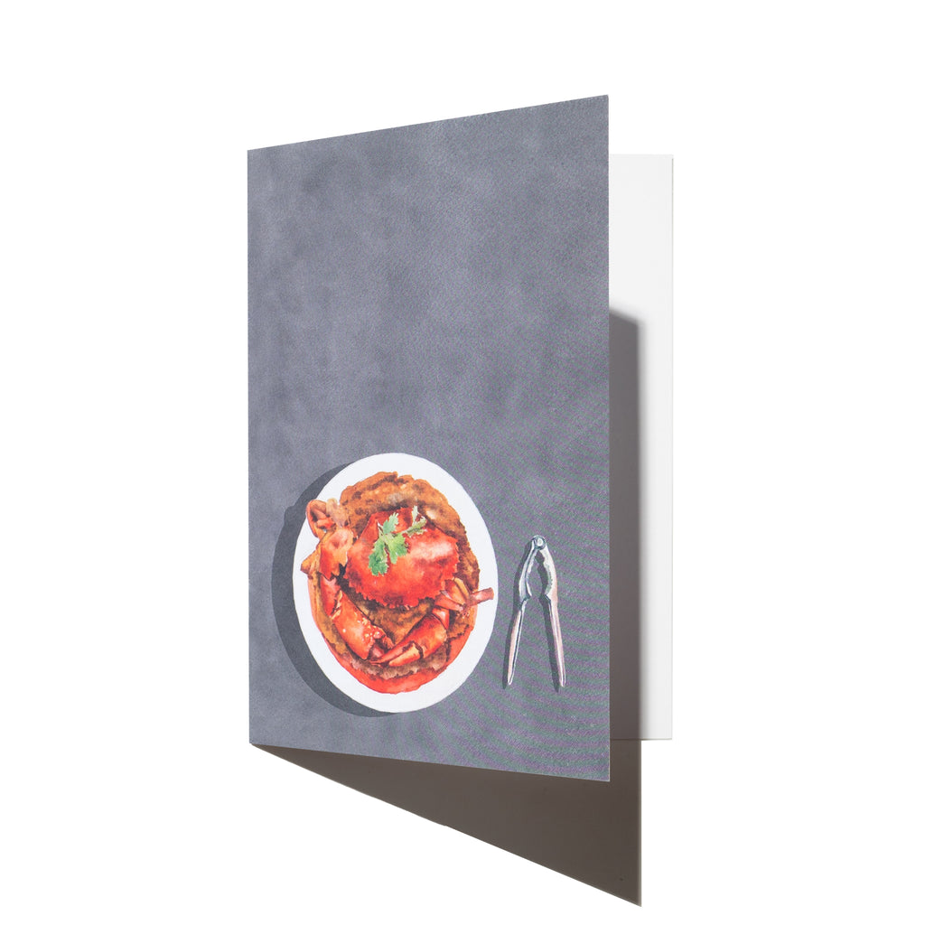Singlapa Gray greeting card with a plate of  Chilli crab a seafood cracker on a white background