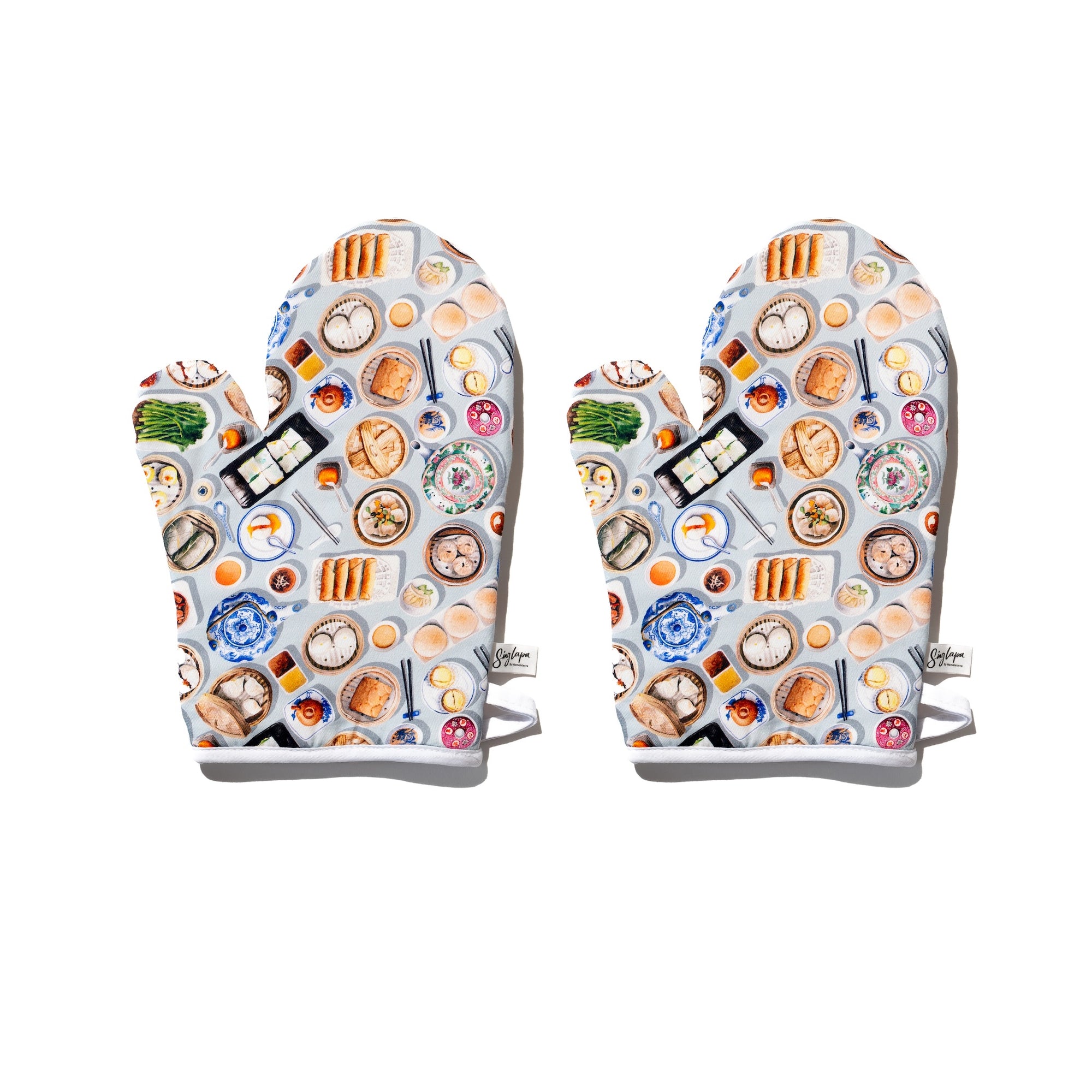 Singlapa oven mitts with chinese dimsum and peranakan plates