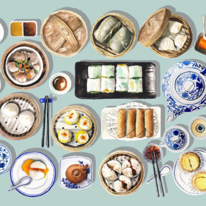 Print of Chinese Dimsum and food on blue background
