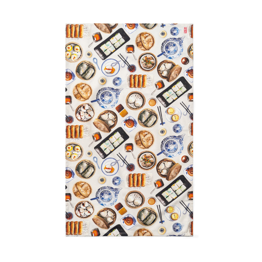 Singlapa tea towel with watercolor illustrations of Chinese dim sum