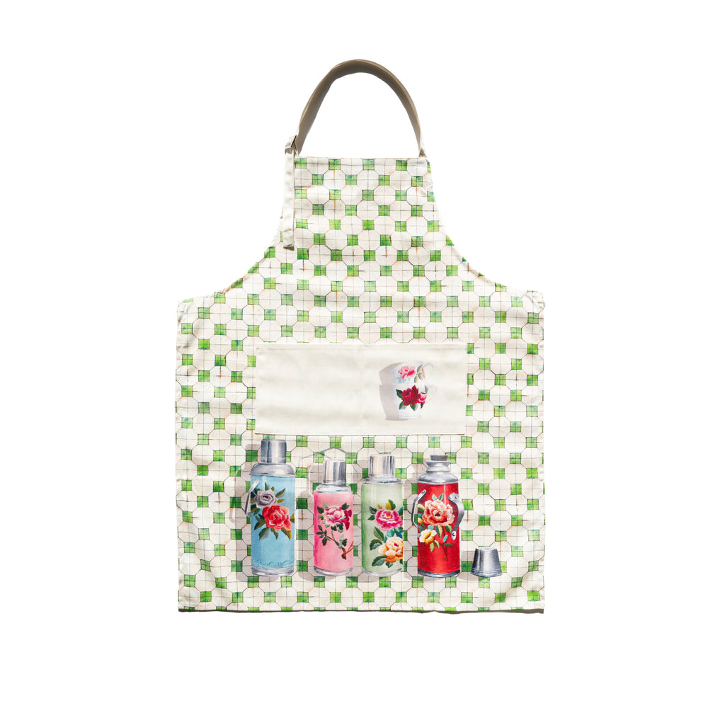 Singlapa multicolored apron with a floral pattern, featuring pockets that hold several bottles, and a adjustable strap at the top.