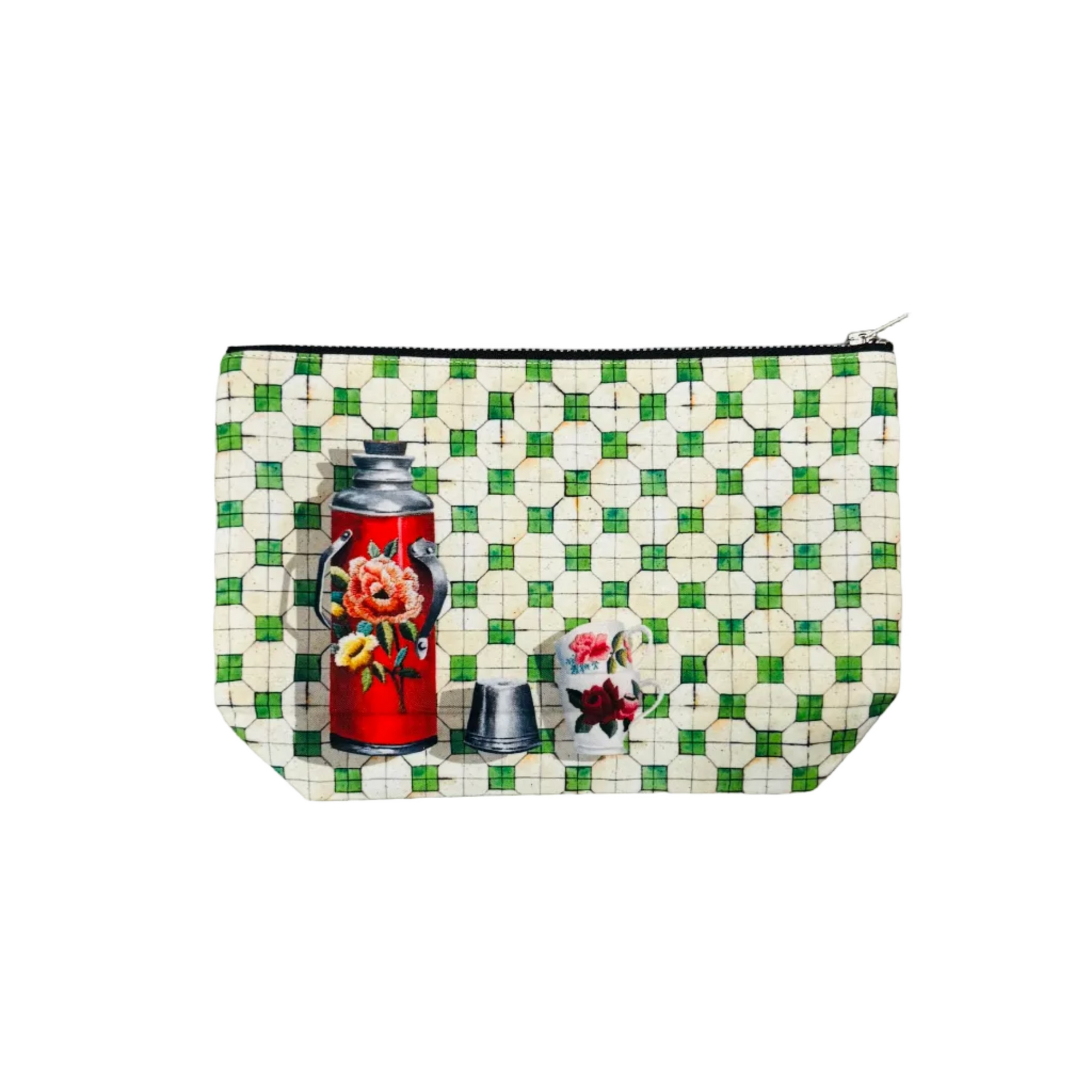 Checkered pouch with vintage-style design on a white background