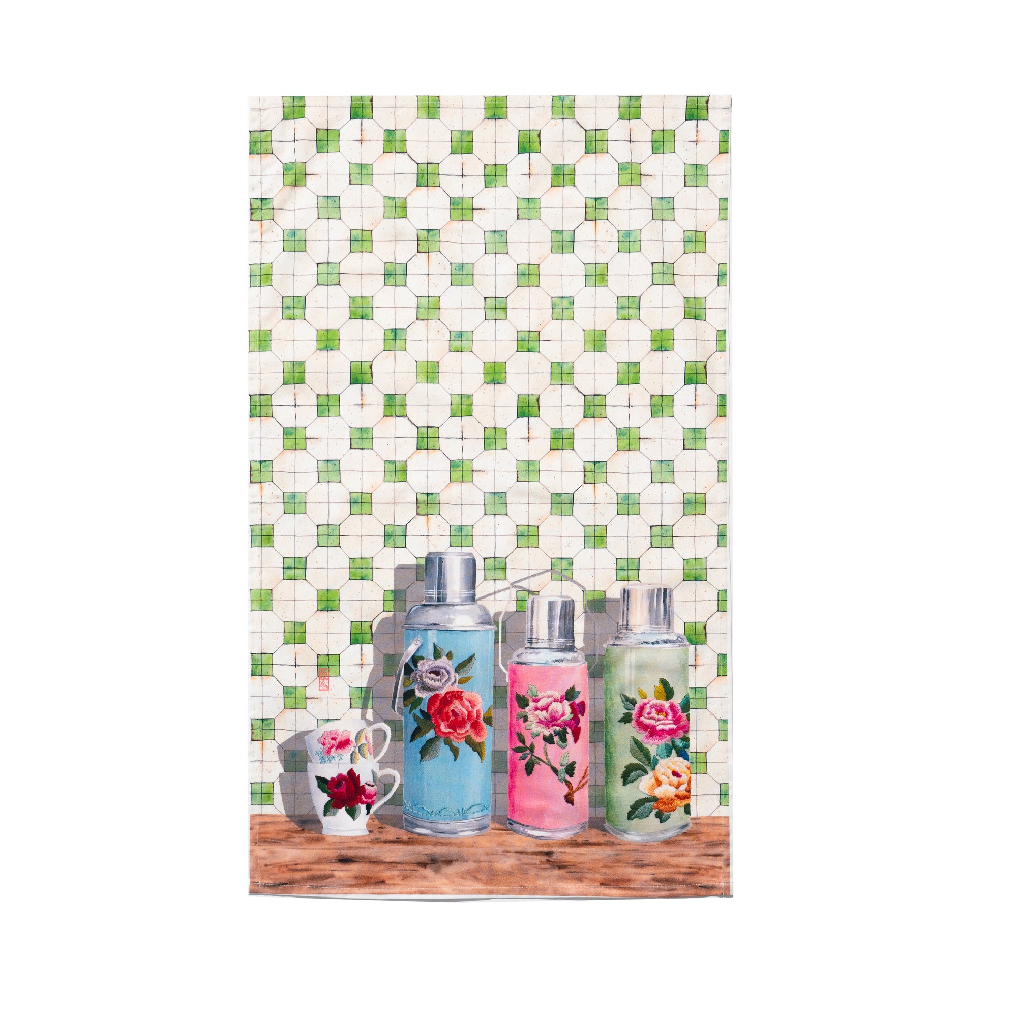 Singlapa Tea towel with a green and white checkered pattern featuring images of floral decorated flasks and a teacup on the front.