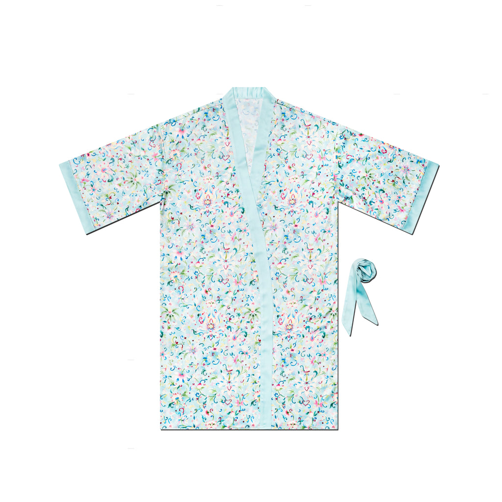Singlapa Floral patterned blue kimono on a white background