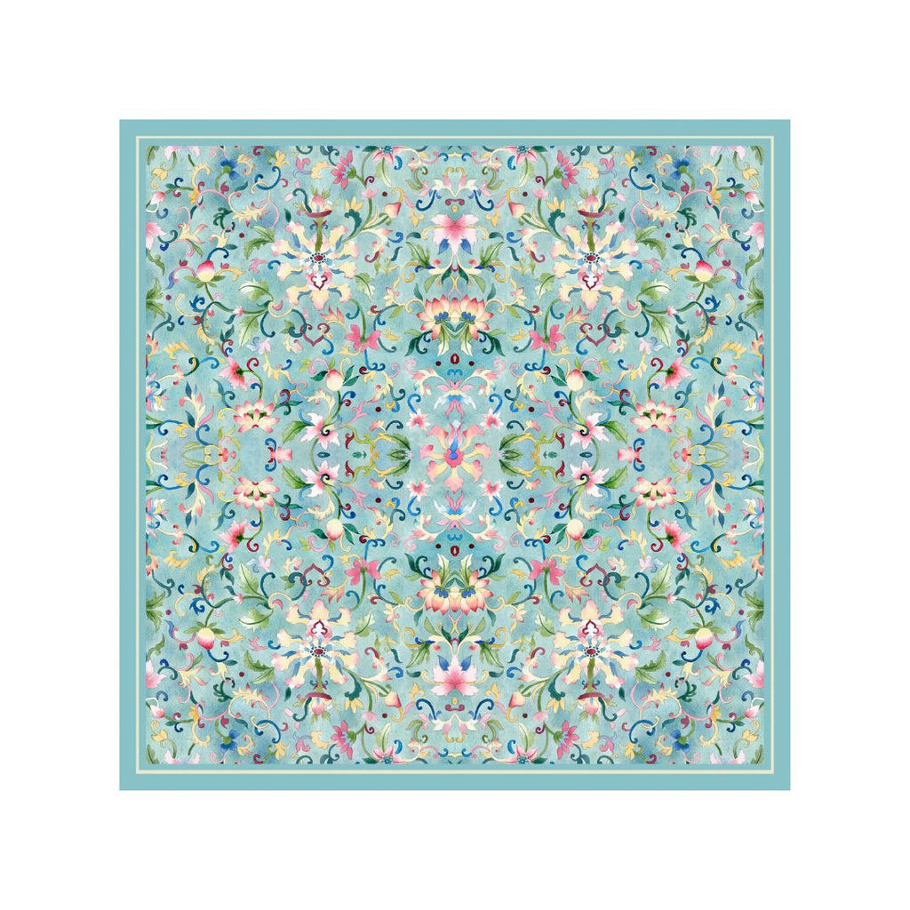 Singlapa pocket square with a traditional Chinese floral pattern in multicolour on a light blue background.
