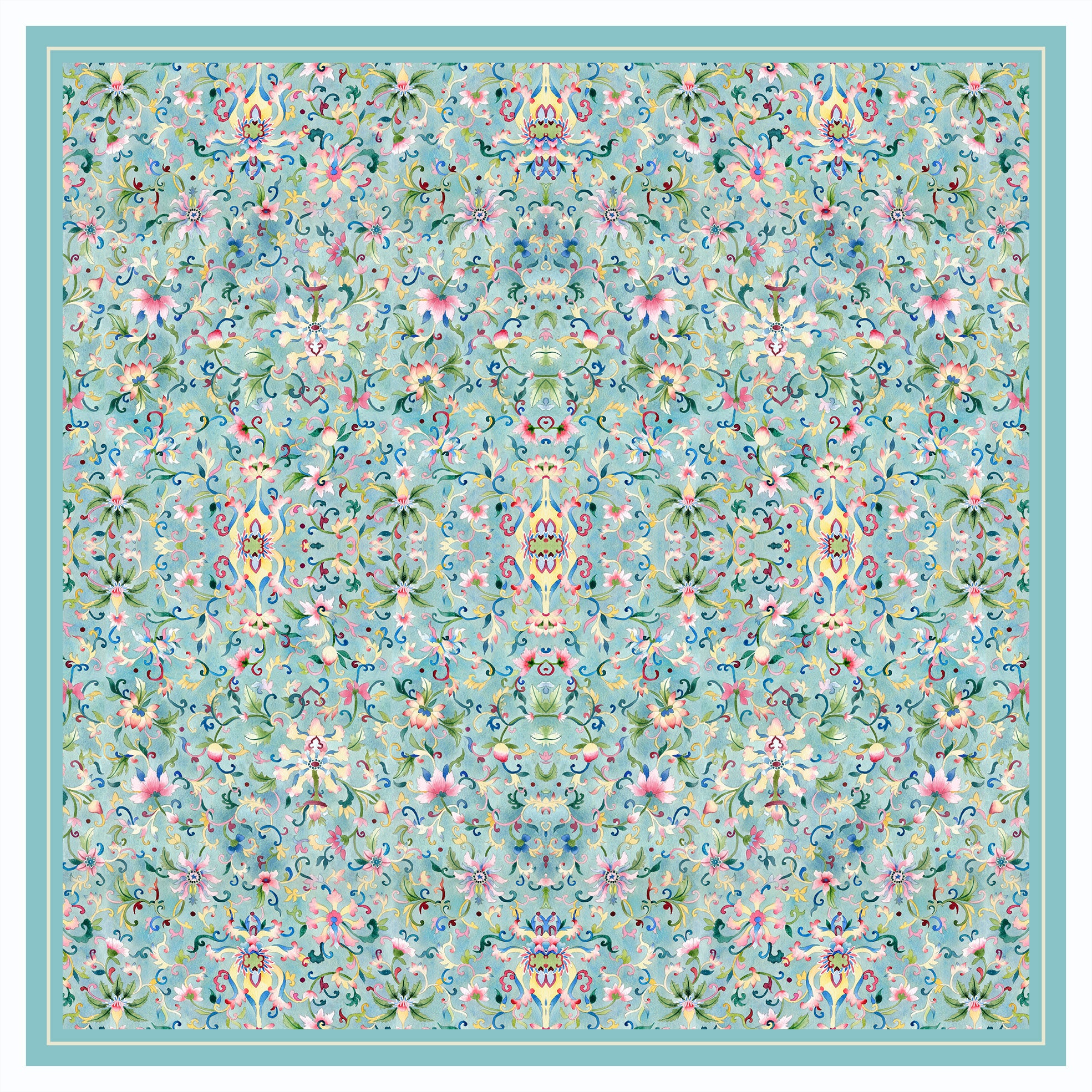 Singlapa Floral patterned silk scarf on a light blue background