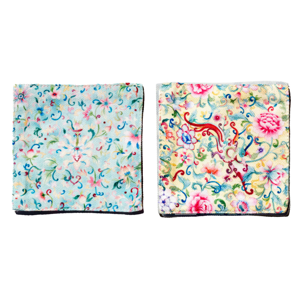 Chinese floral coasters from Singlapa, blue and yellow designs.