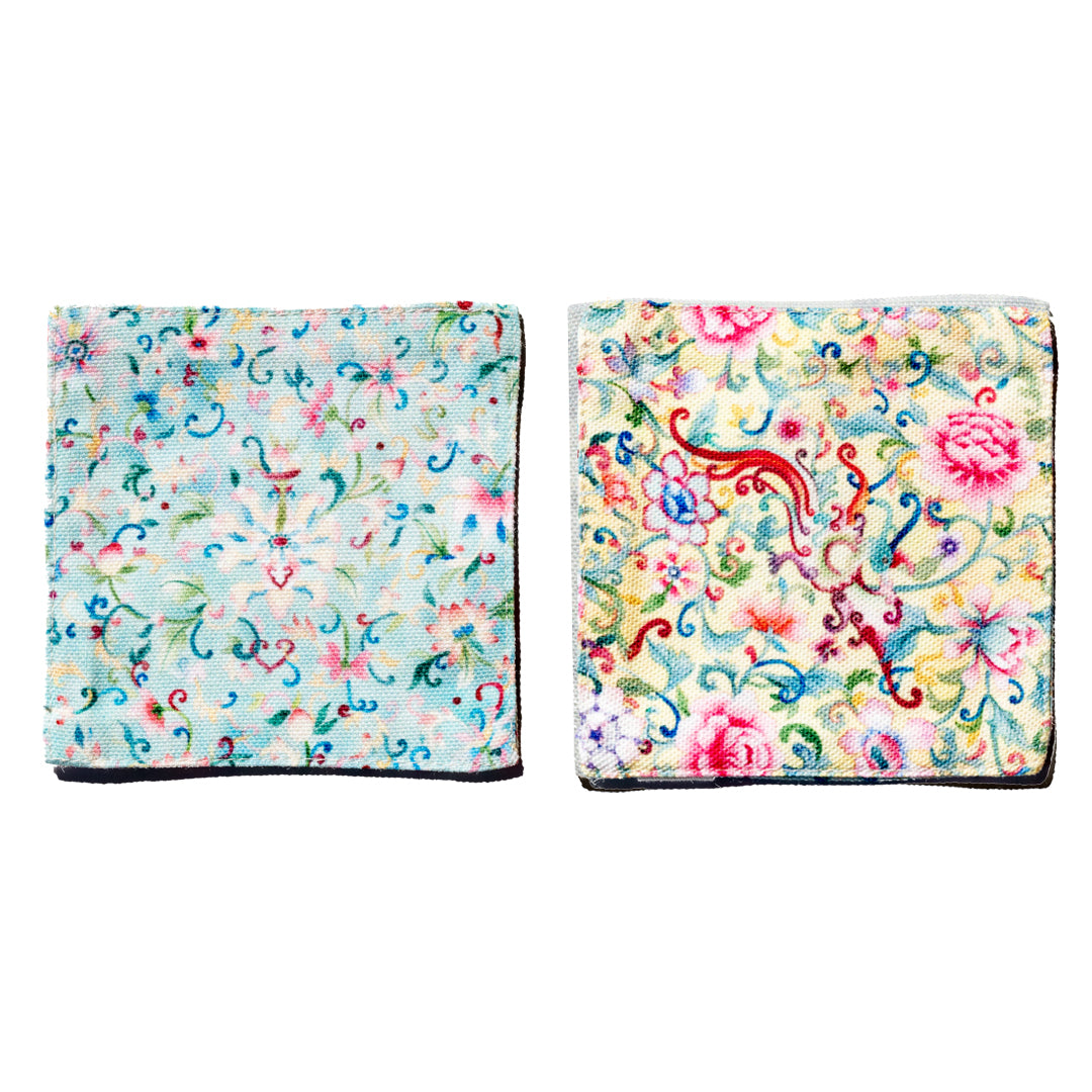 Chinese floral coasters from Singlapa, blue and yellow designs.