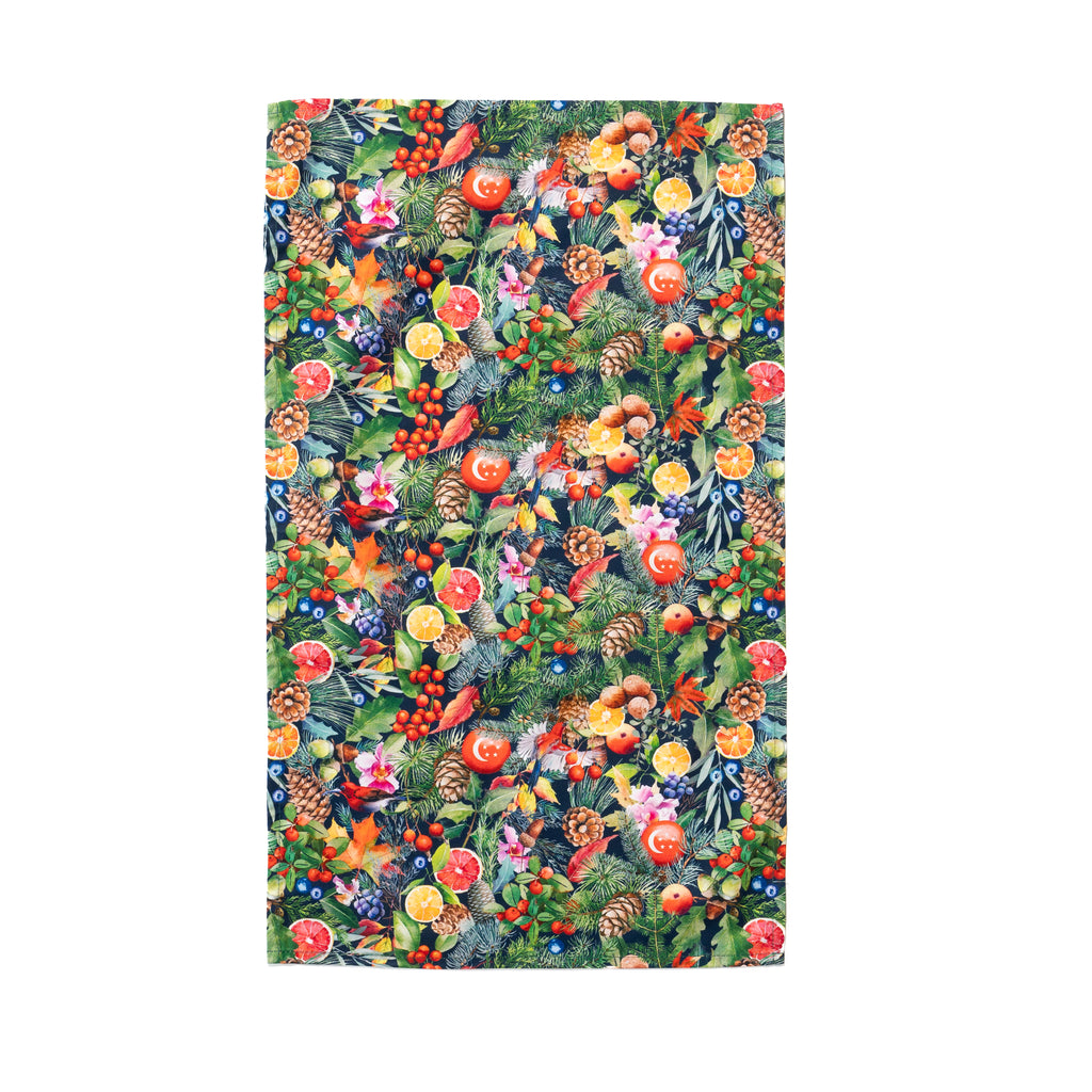 Singlapa tea towel with Singapore Christmas ornaments on a tree with fruits and pinecones.