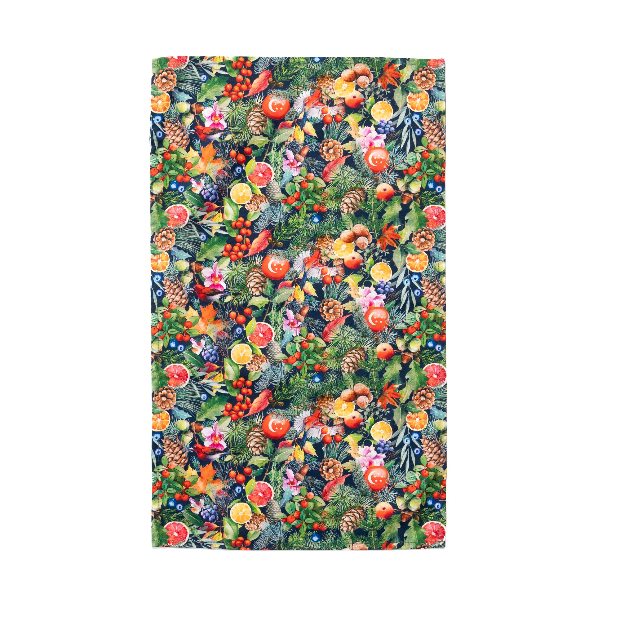 Singlapa tea towel with Singapore Christmas ornaments on a tree with fruits and pinecones.