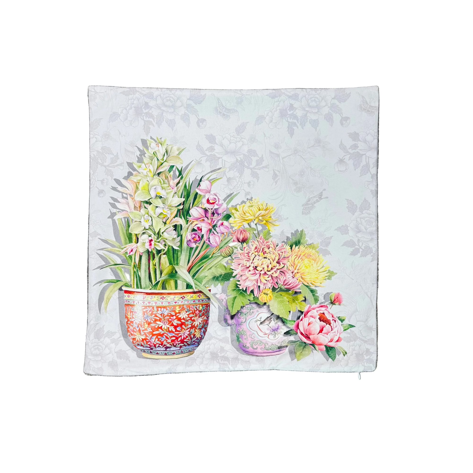 Colorful floral illustration on a cushion cover with a white background