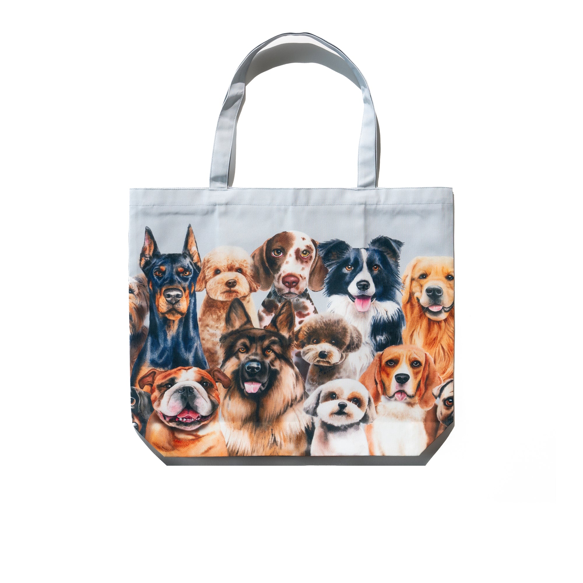 Singlapa tote bag featuring a series of various dogs in different colors and poses on a white background.
