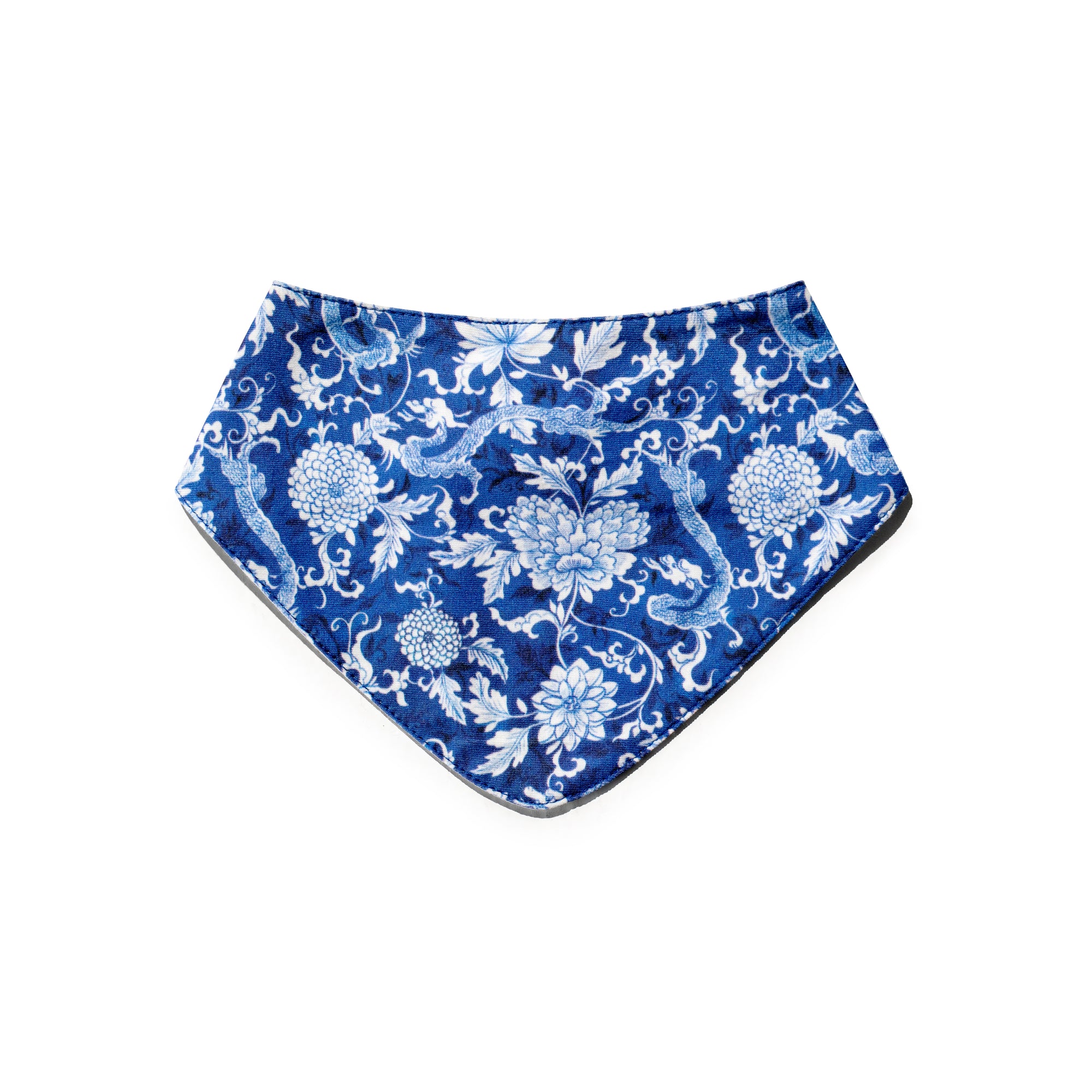 Singlapa blue baby bib with white dragon and floral print