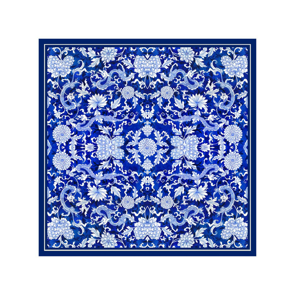 Singlapa blue and white pocket square with a floral and dragon pattern.