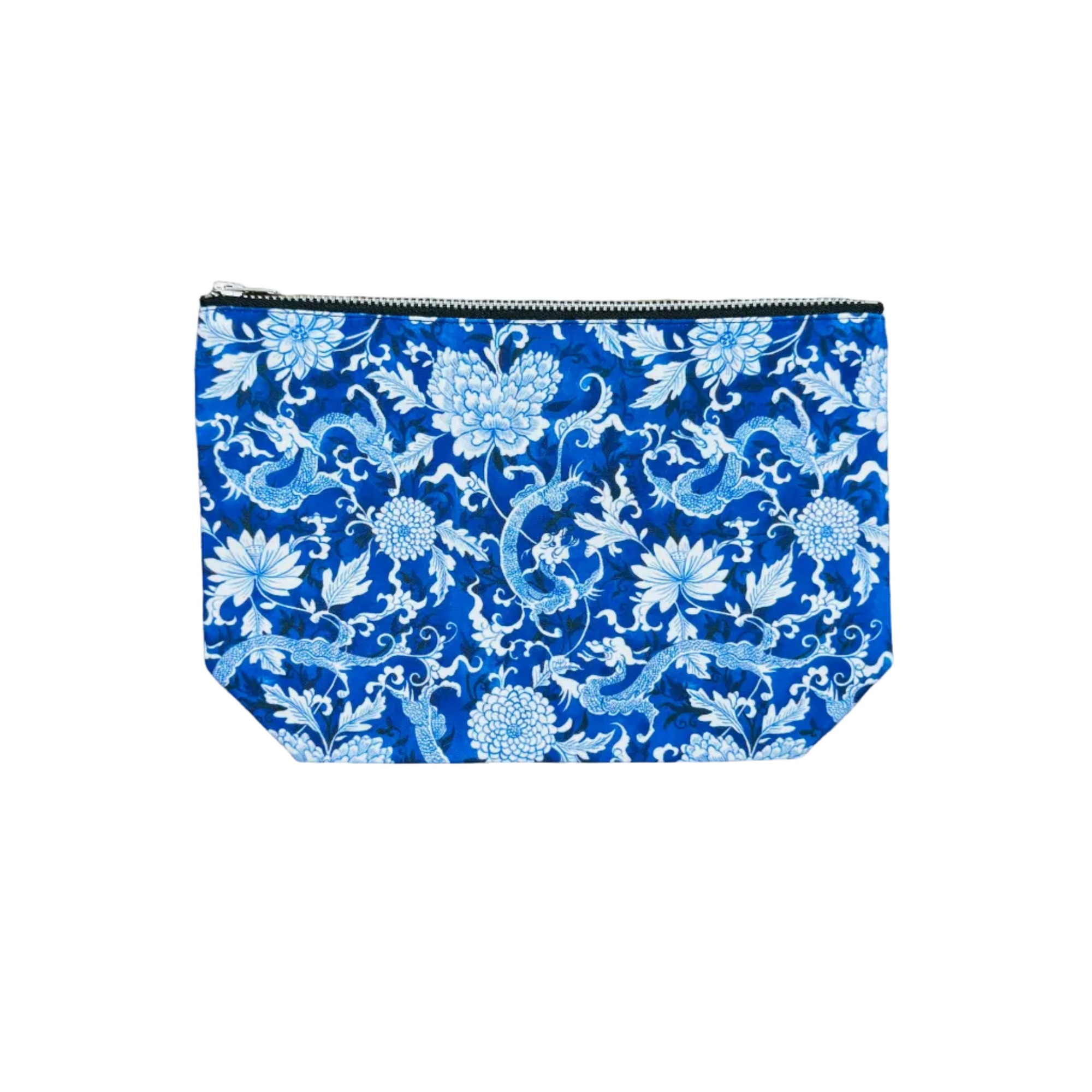 Blue pouch with white floral dragon 
pattern on a white background