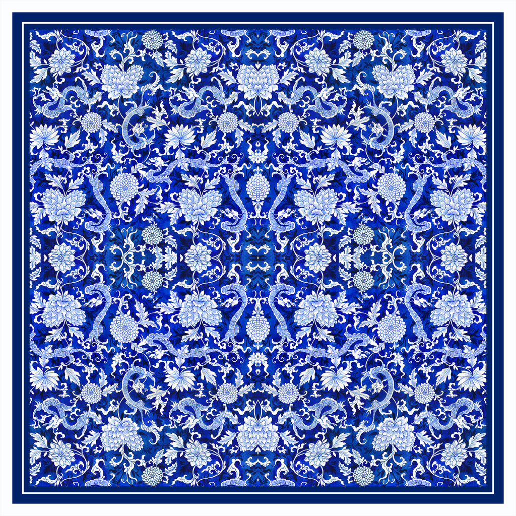 Singlapa Blue and white floral dragon patterned silk scarf
