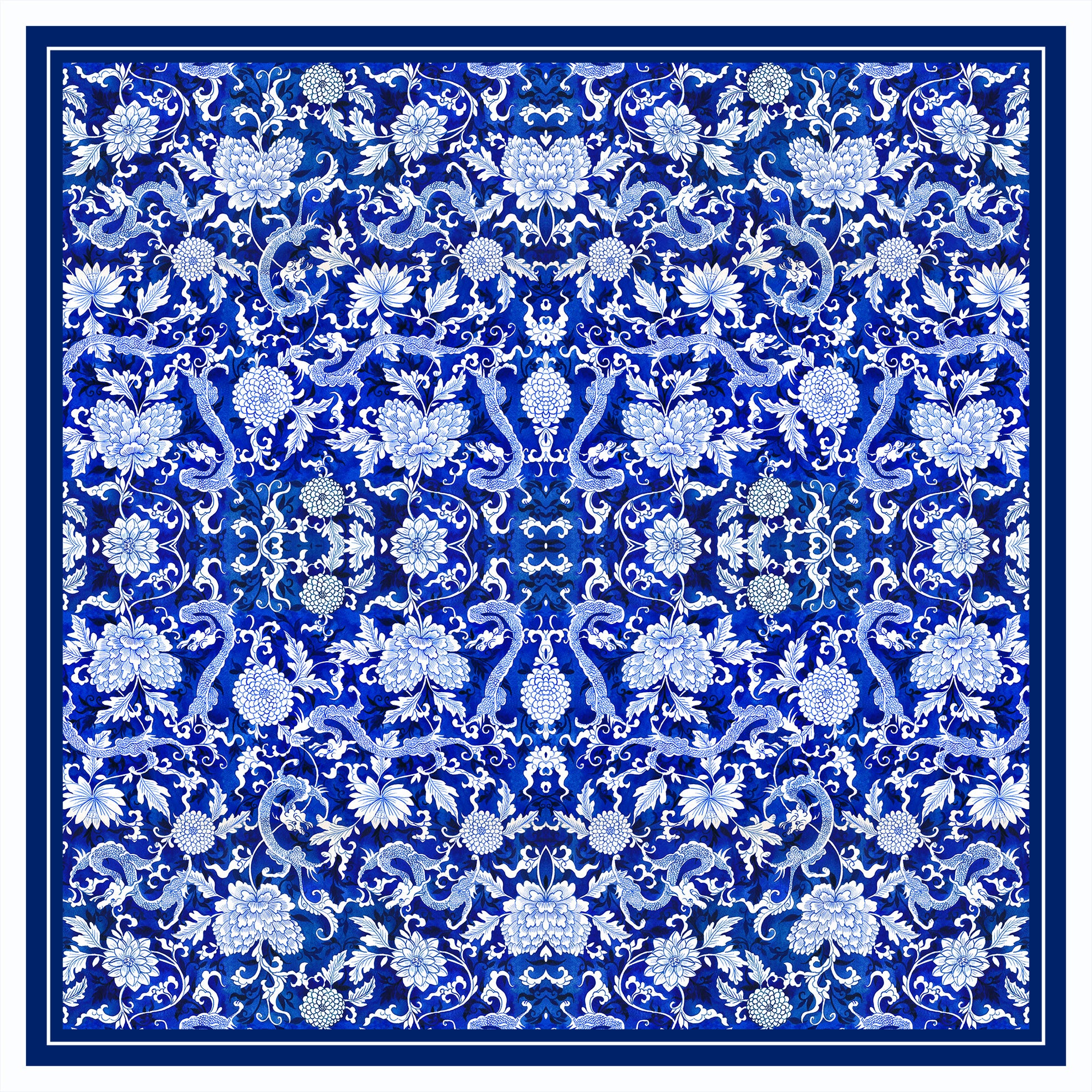 Singlapa Blue and white floral dragon patterned silk scarf