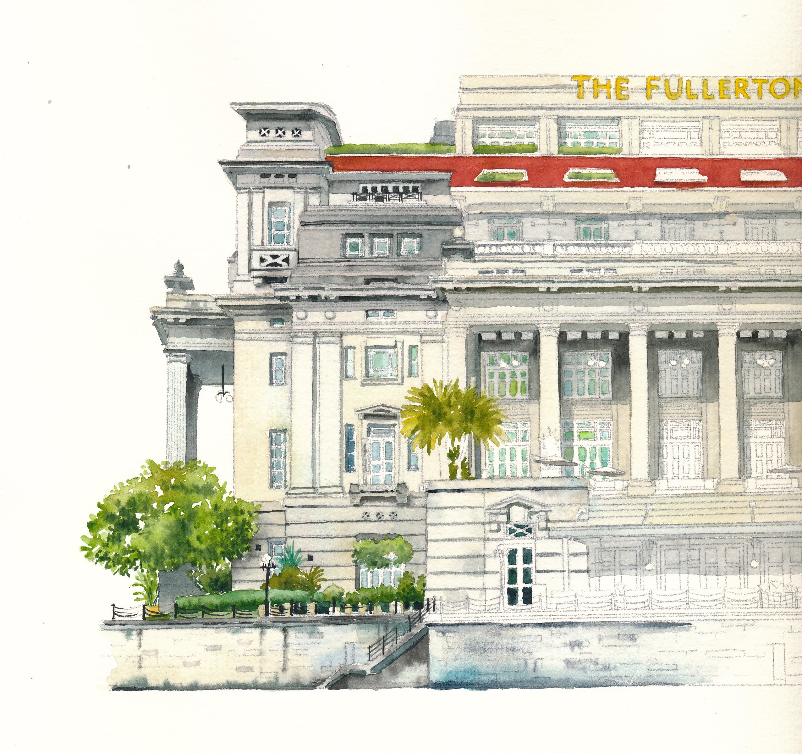Illustration of a building with 'The Fullerton' sign on top