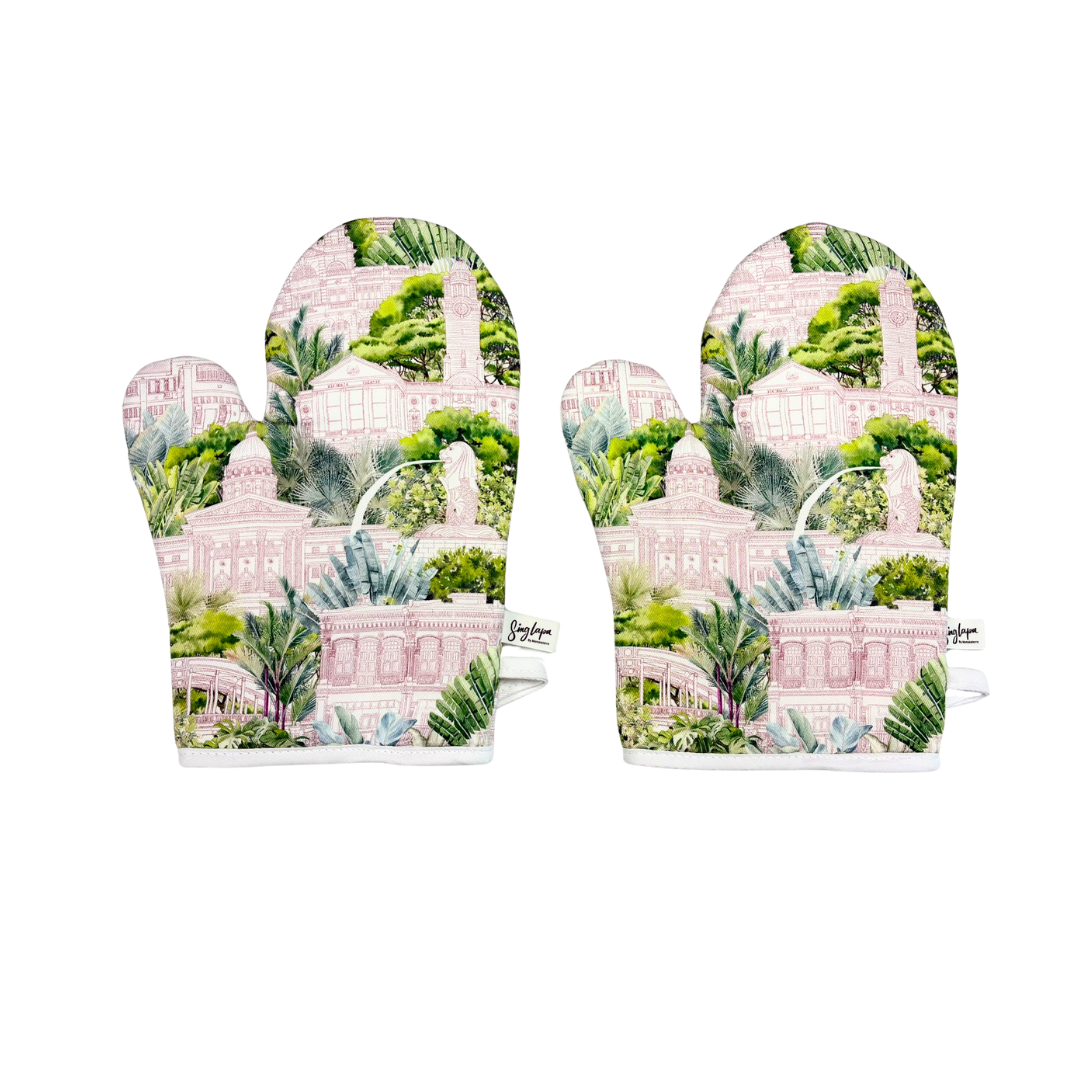 Oven mitts with singapore garden city design on a white background