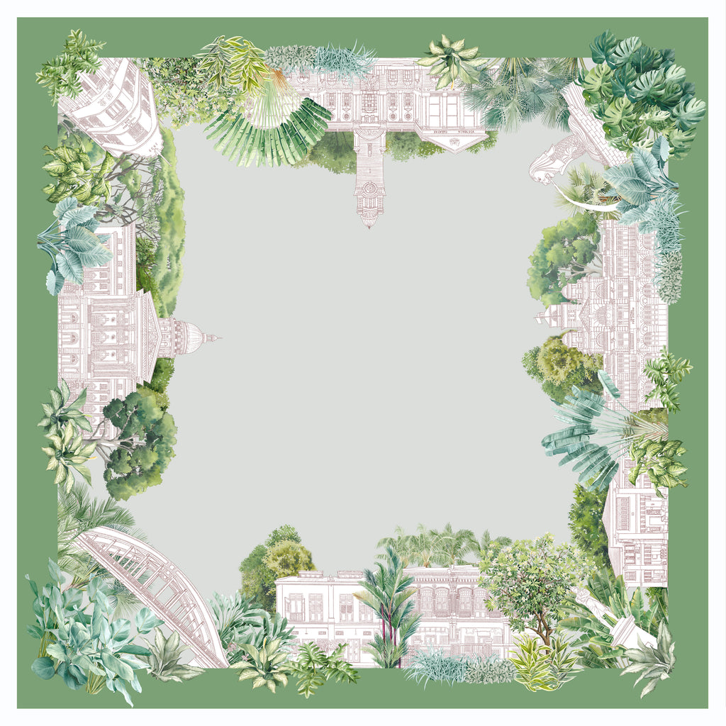 Singlapa silk scarf with architectural elements and greenery on a light gray background