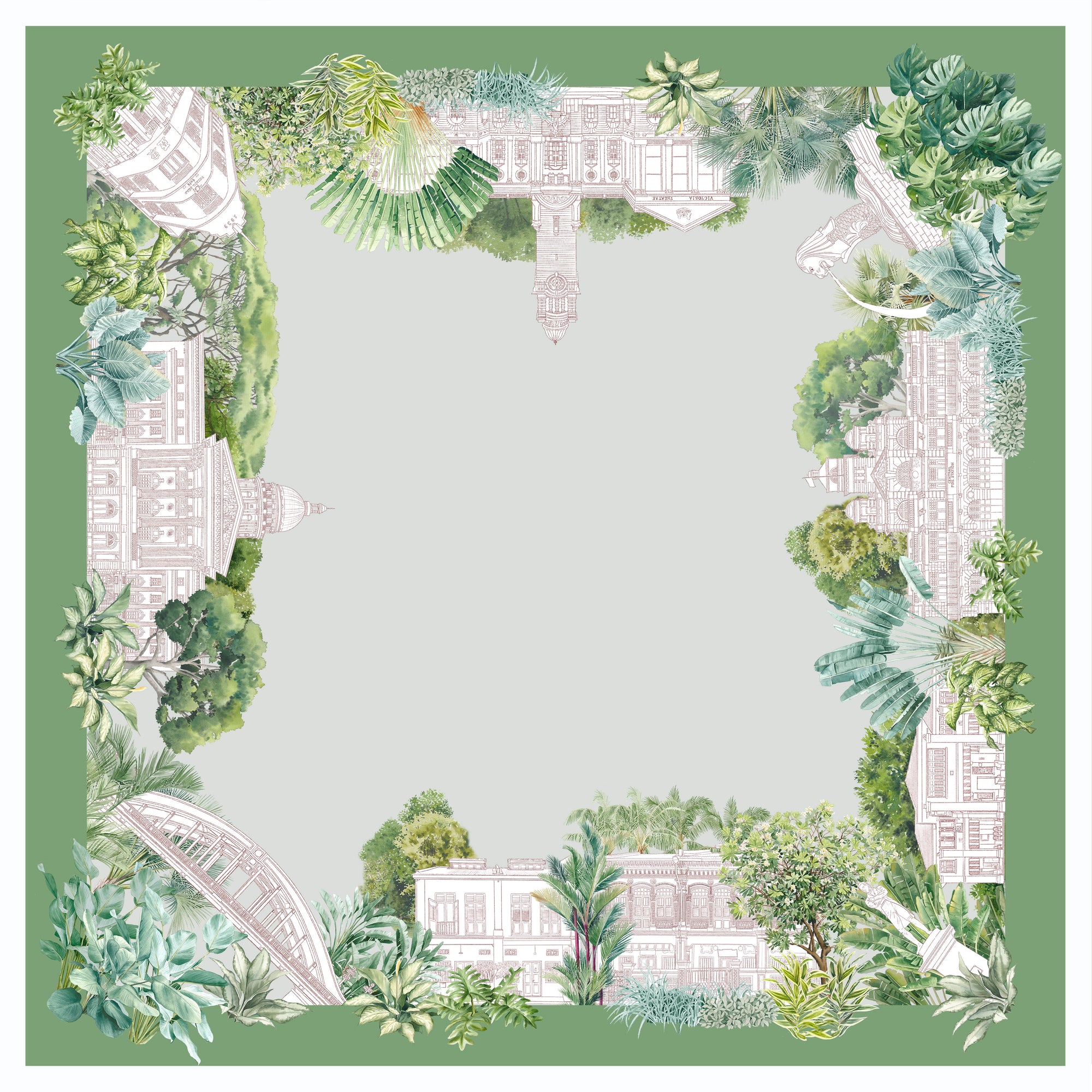 Singlapa silk scarf with architectural elements and greenery on a light gray background